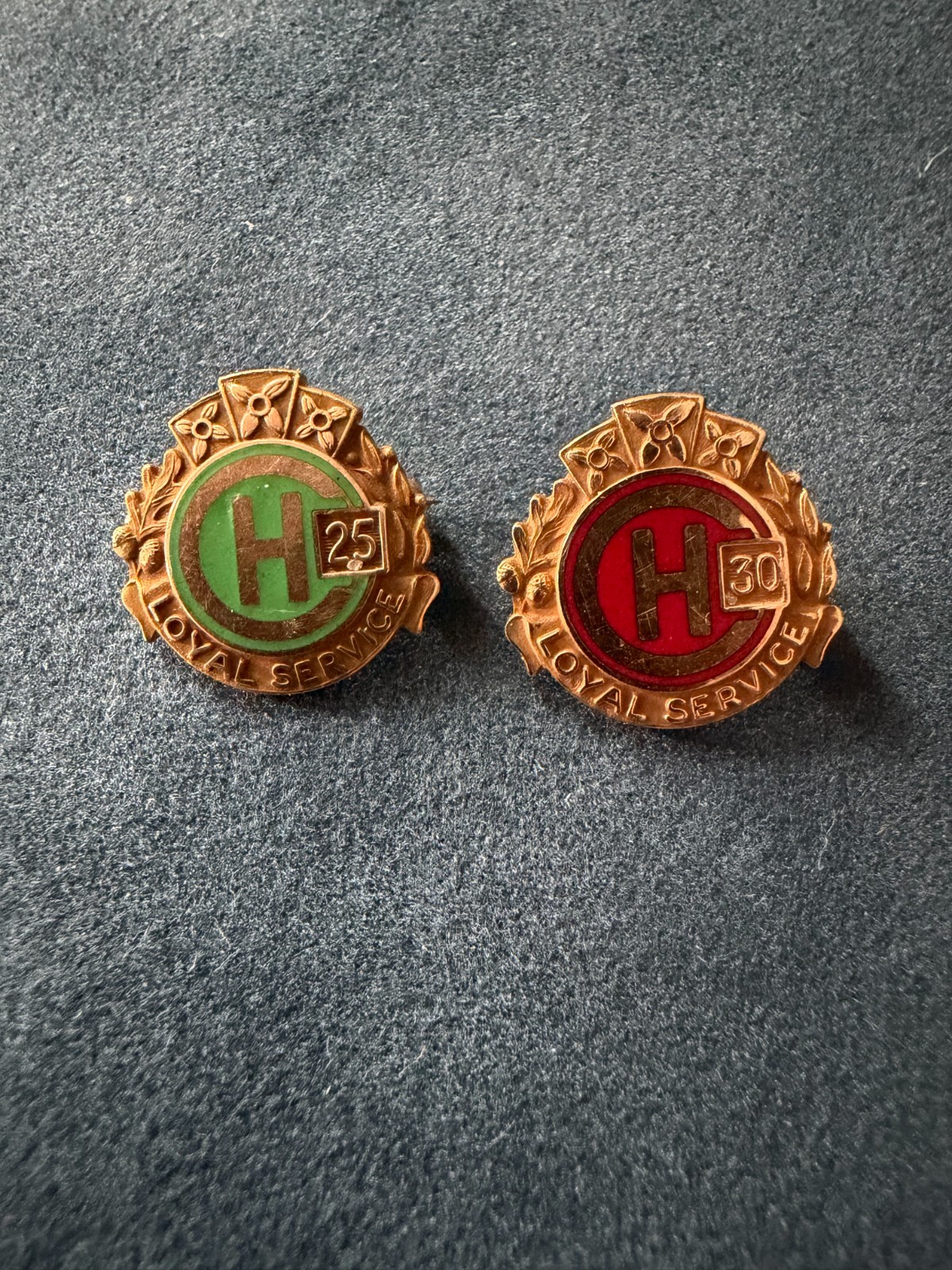 Vintage 10K Gold 25 and 30 year service pins together. Vintage 10K Gold 25 and 30 year service pins together.