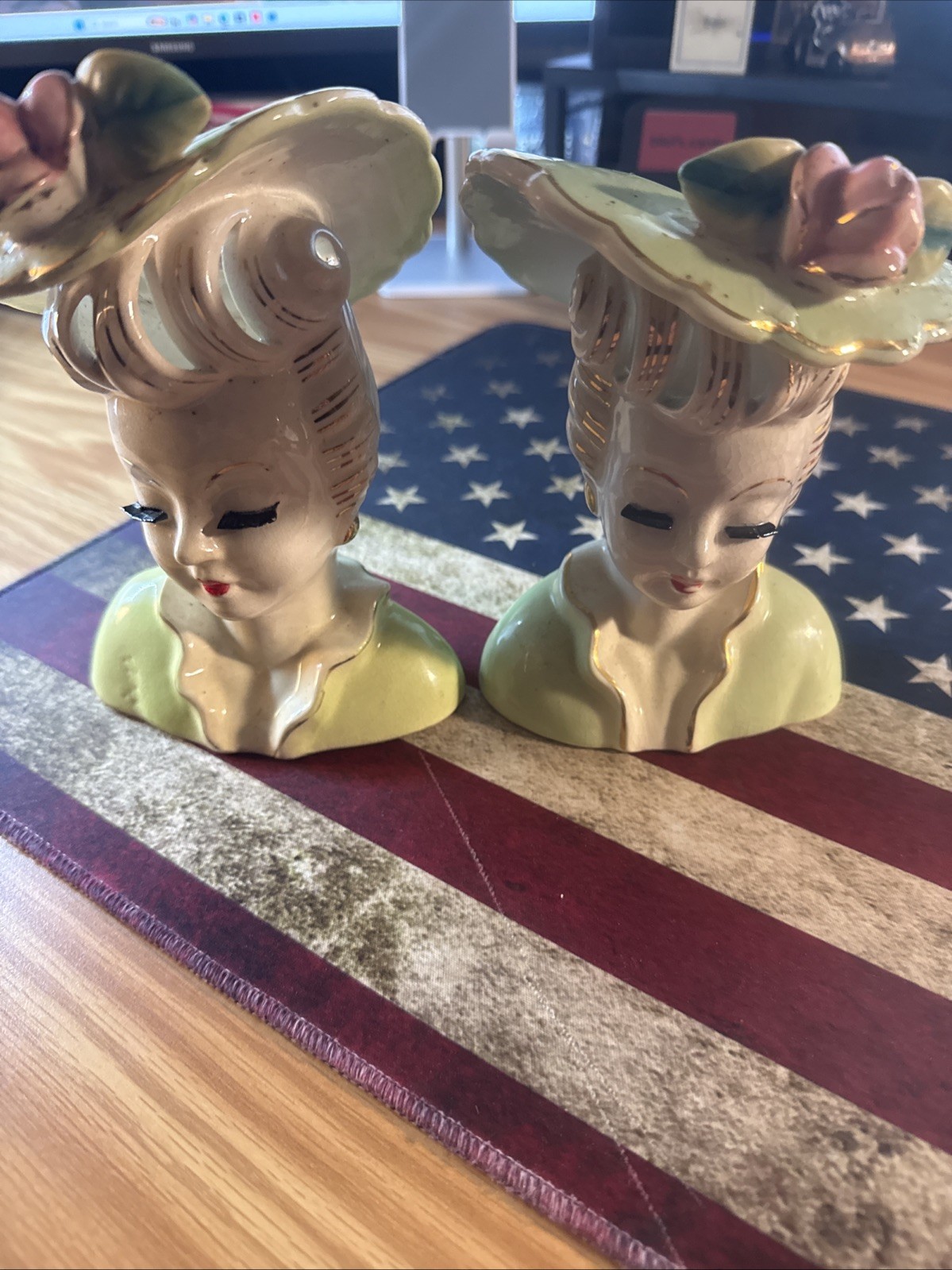 (2) Vintage 1940 Thames Victoria Lady Head Vase Ceramic W/ Rose Country Cottage (2) Vintage 1940 Thames Victoria Lady Head Vase Ceramic W/ Rose Country Cottage