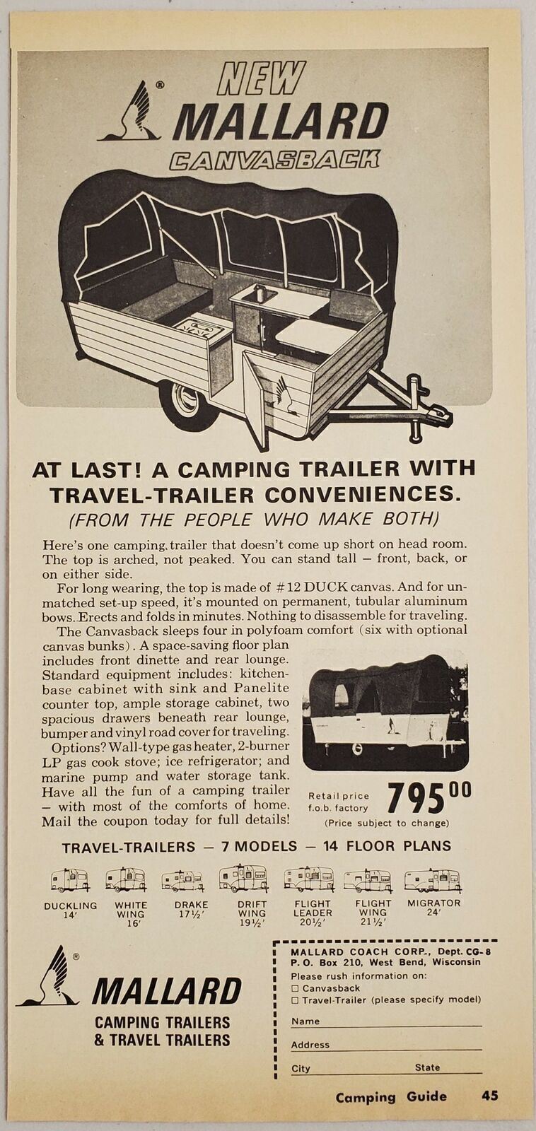 1965 Print Ad Mallard Tent Camping Travel Trailers Made in West Bend,Wisconsin 1965 Print Ad Mallard Tent Camping Travel Trailers Made in West Bend,Wisconsin
