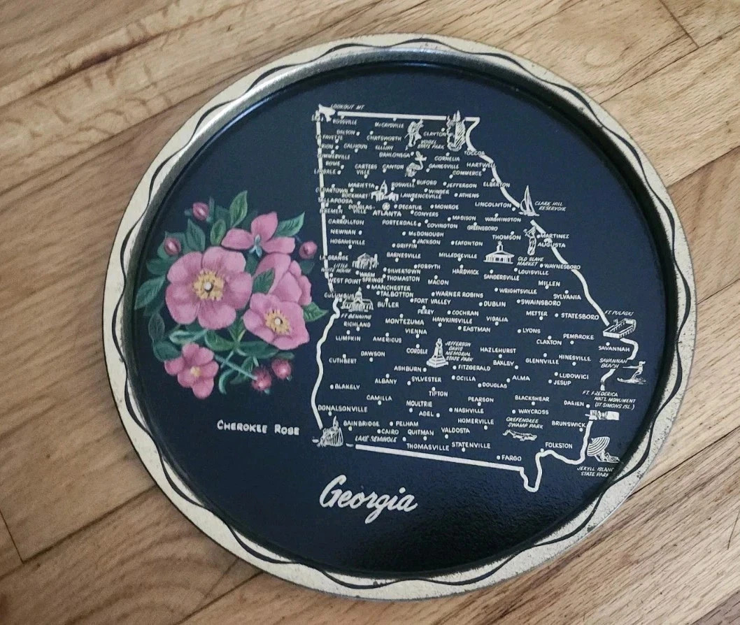 Vintage Georgia State Map Black Serving Tray Cherokee Rose Flowers Vintage Georgia State Map Black Serving Tray Cherokee Rose Flowers