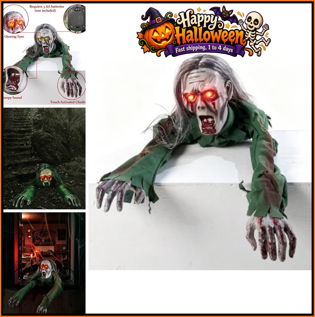 Crawling Zombie Prop 43 Inch Moving Eyes Glow Sound Battery Operated Halloween