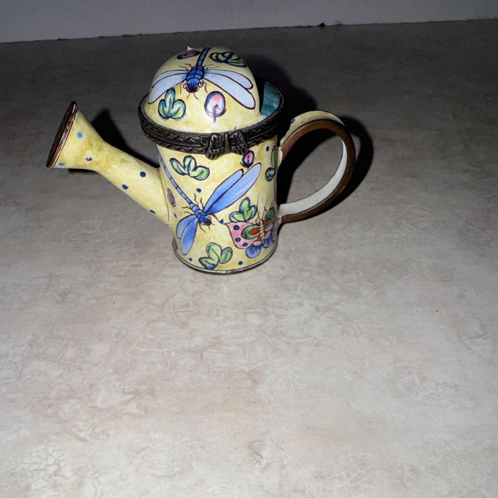 Kelvin Chen 1999 Watering Can Hinged Trinket Yellow Blue Dragonfly Design No 278