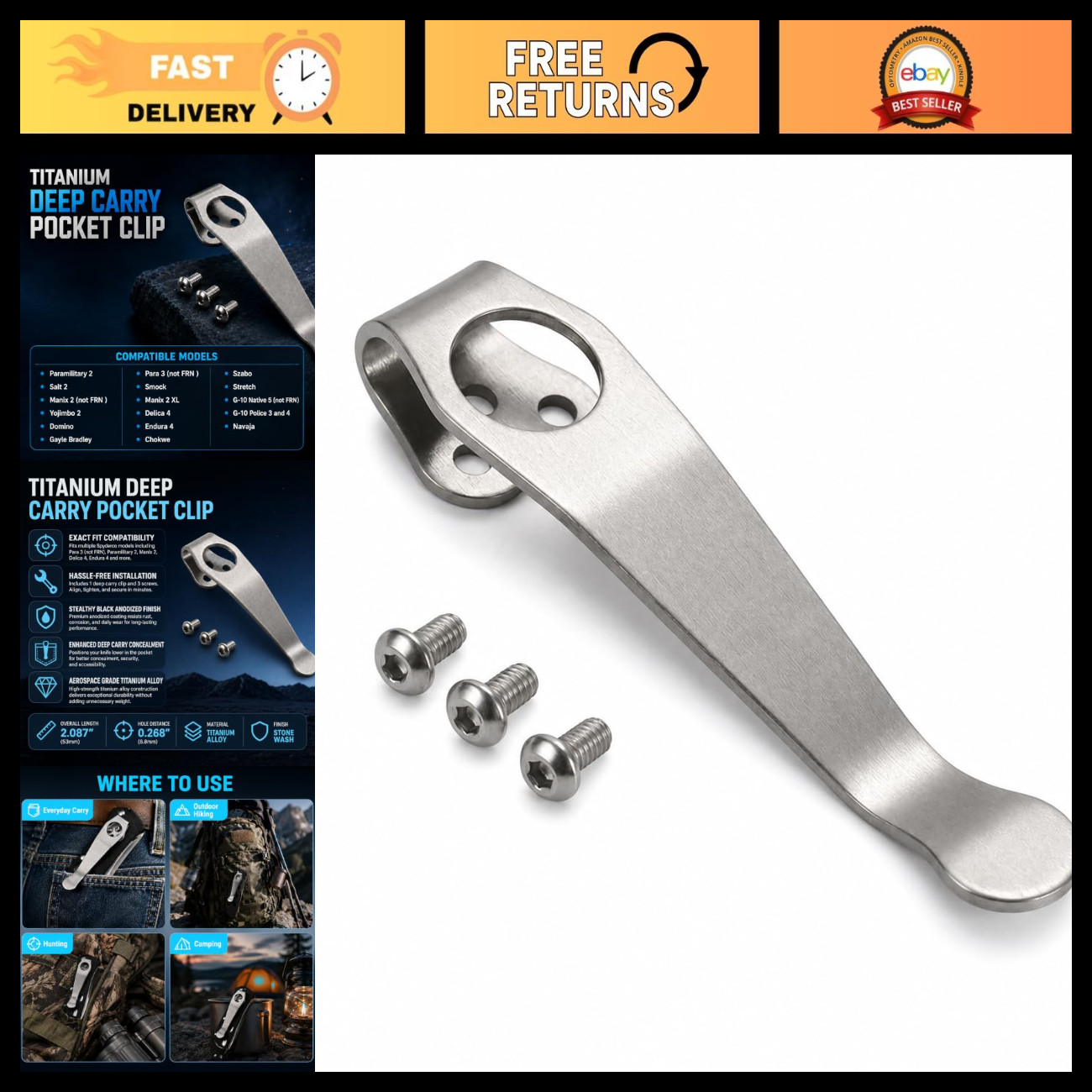 Titanium Deep Carry Pocket Clip for Knives, Lightweight & Durable EDC Accessory