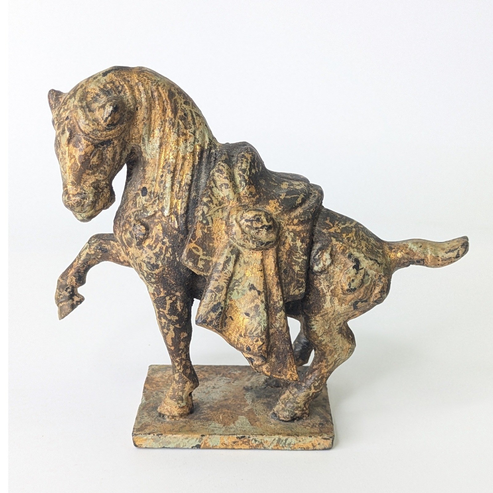 Vintage Tang Dynasty Style Prancing Horse Figurine Heavy Metall Patina Small