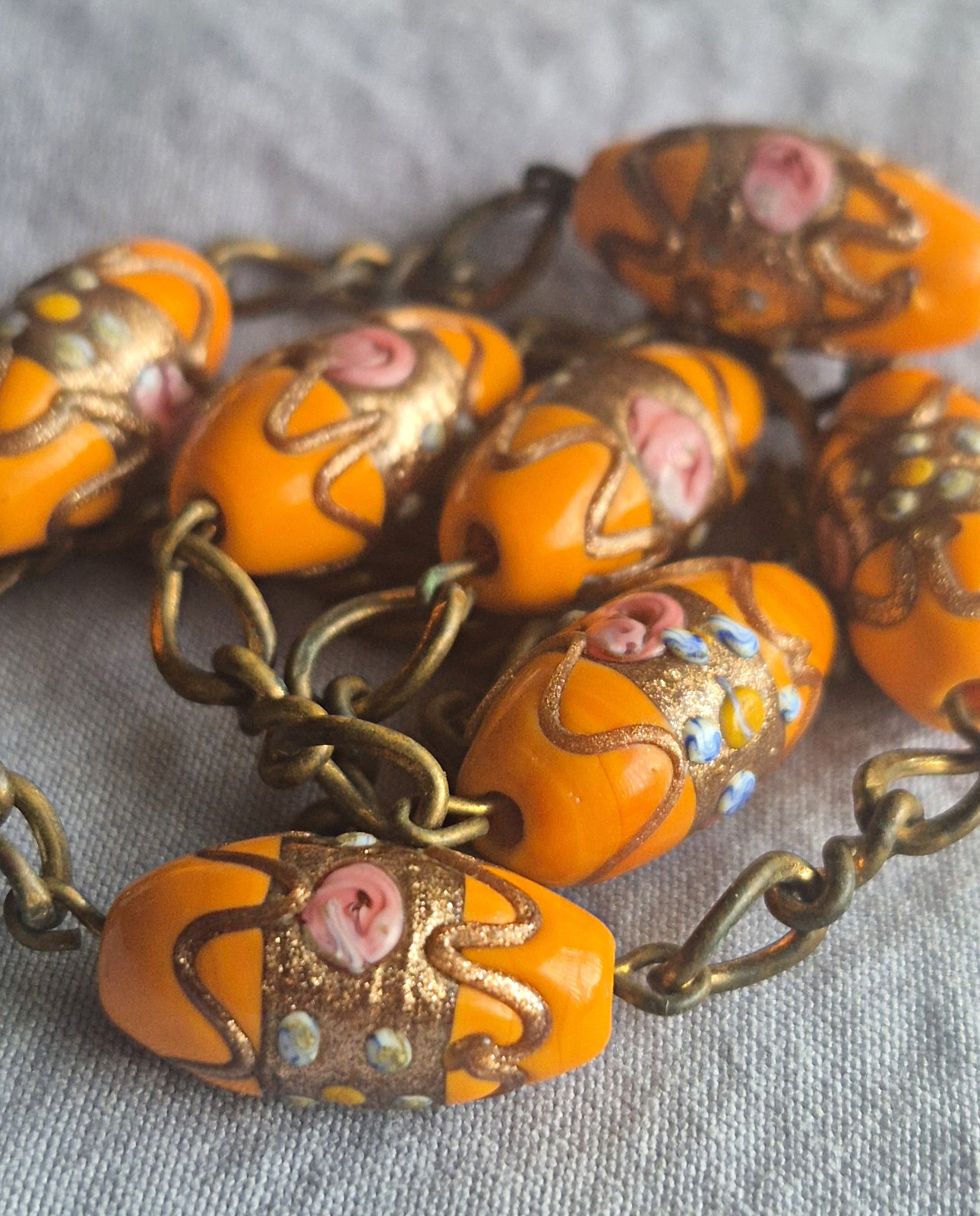 7 Vintage Venetian Fiorato Wedding Cake Glass Beads Orange 18mm Lampwork