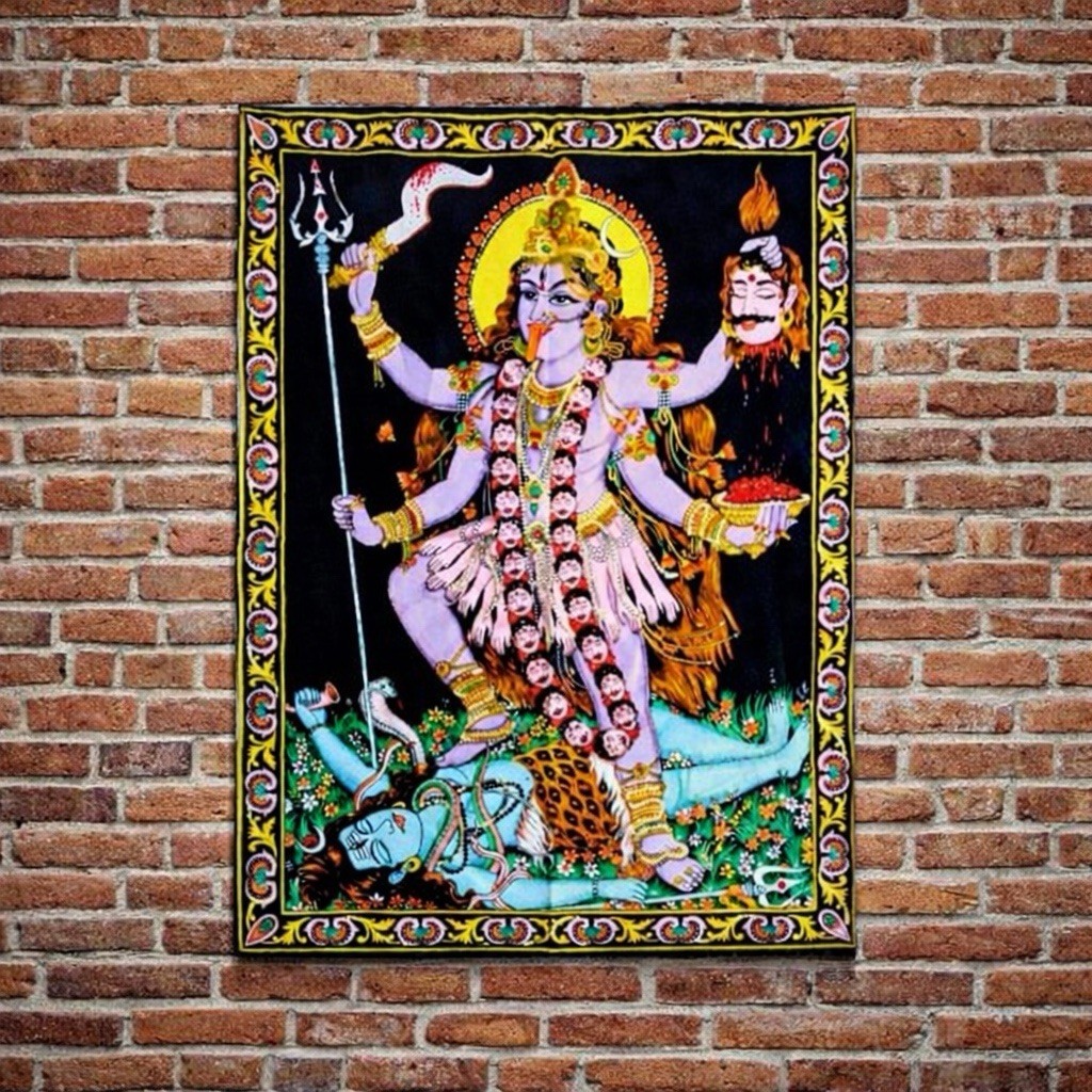 Hand-Painted Goddess Kali Tapestry: Hindu Religious Art, 43”x30”