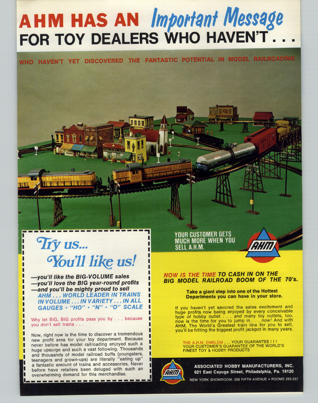 1972 PAPER AD 2 Sided AHM Toy Electric Train Sets N O HO Gauge Union Pacific