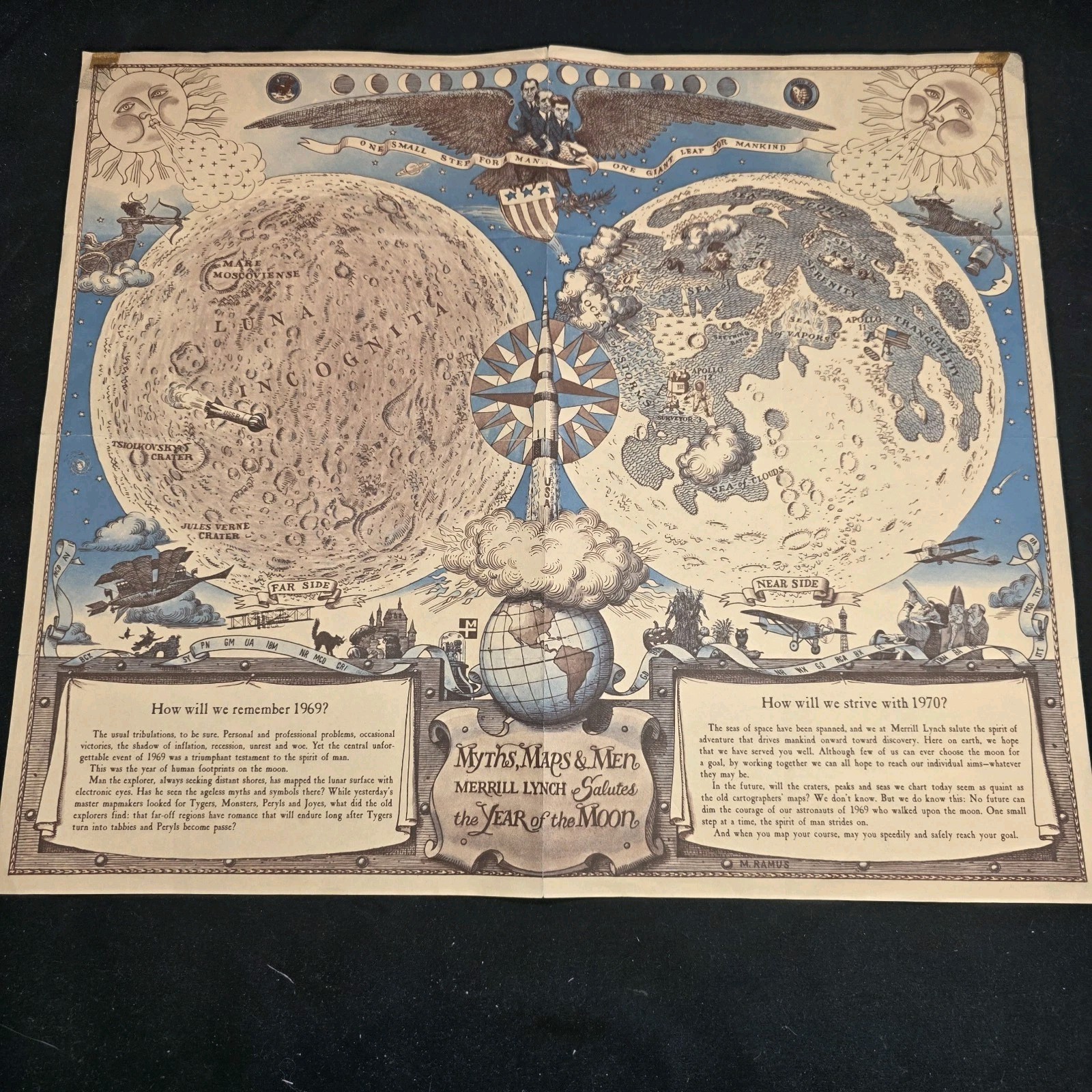 Original 1969 Michael Ramus Myths Maps & Men Merrill Lynch Moon Apollo Pictorial