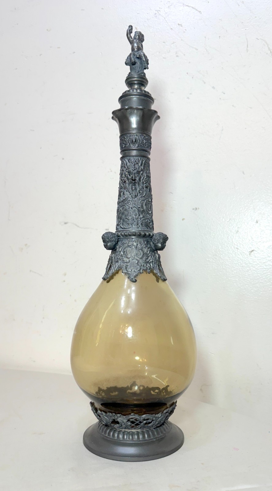 Antique German hand blown glass pewter figural cherub claret decanter bottle Antique German hand blown glass pewter figural cherub claret decanter bottle