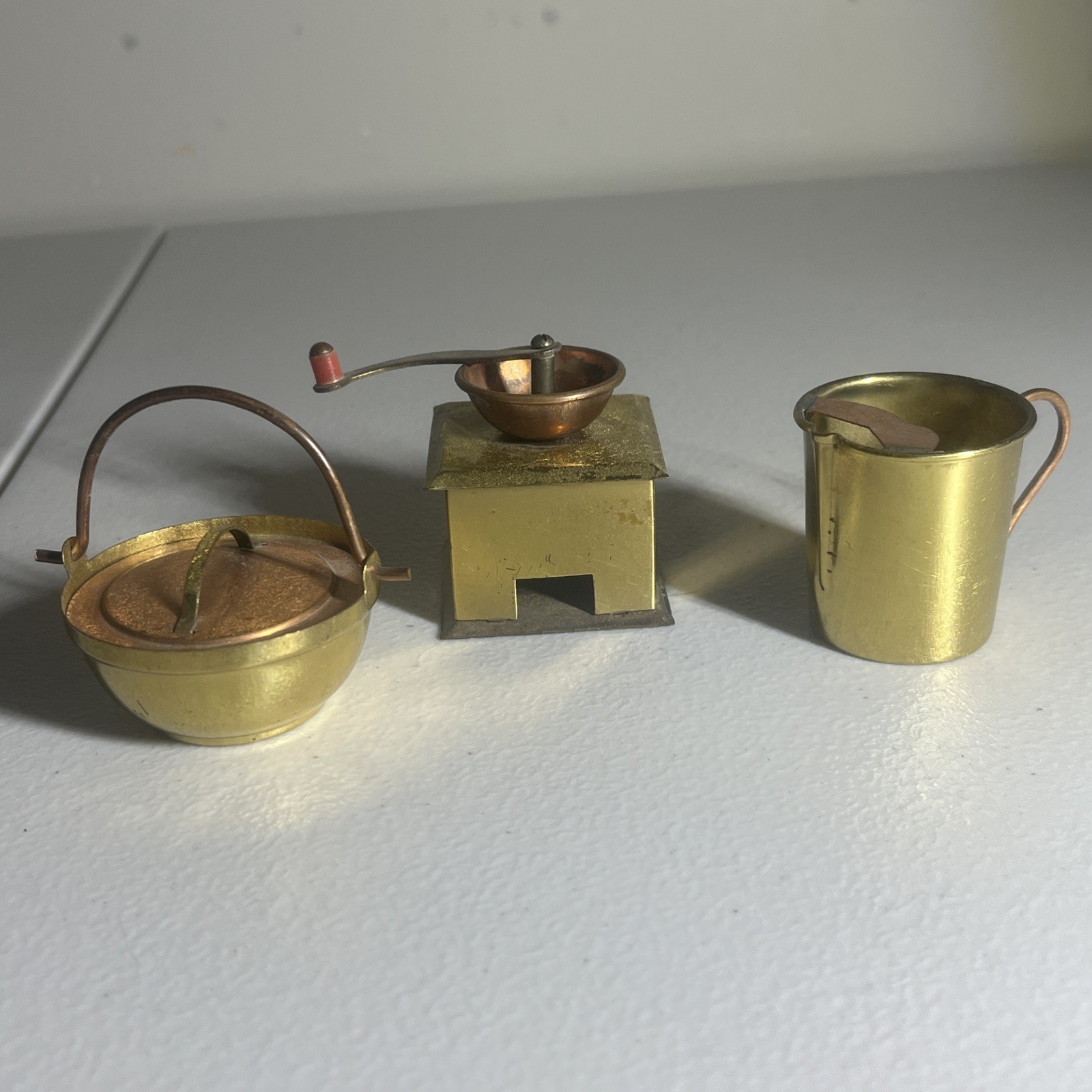Vintage Brass Copper Miniatures Lot; Dollhouse? Japan Coffee Grinder Pot Pitcher