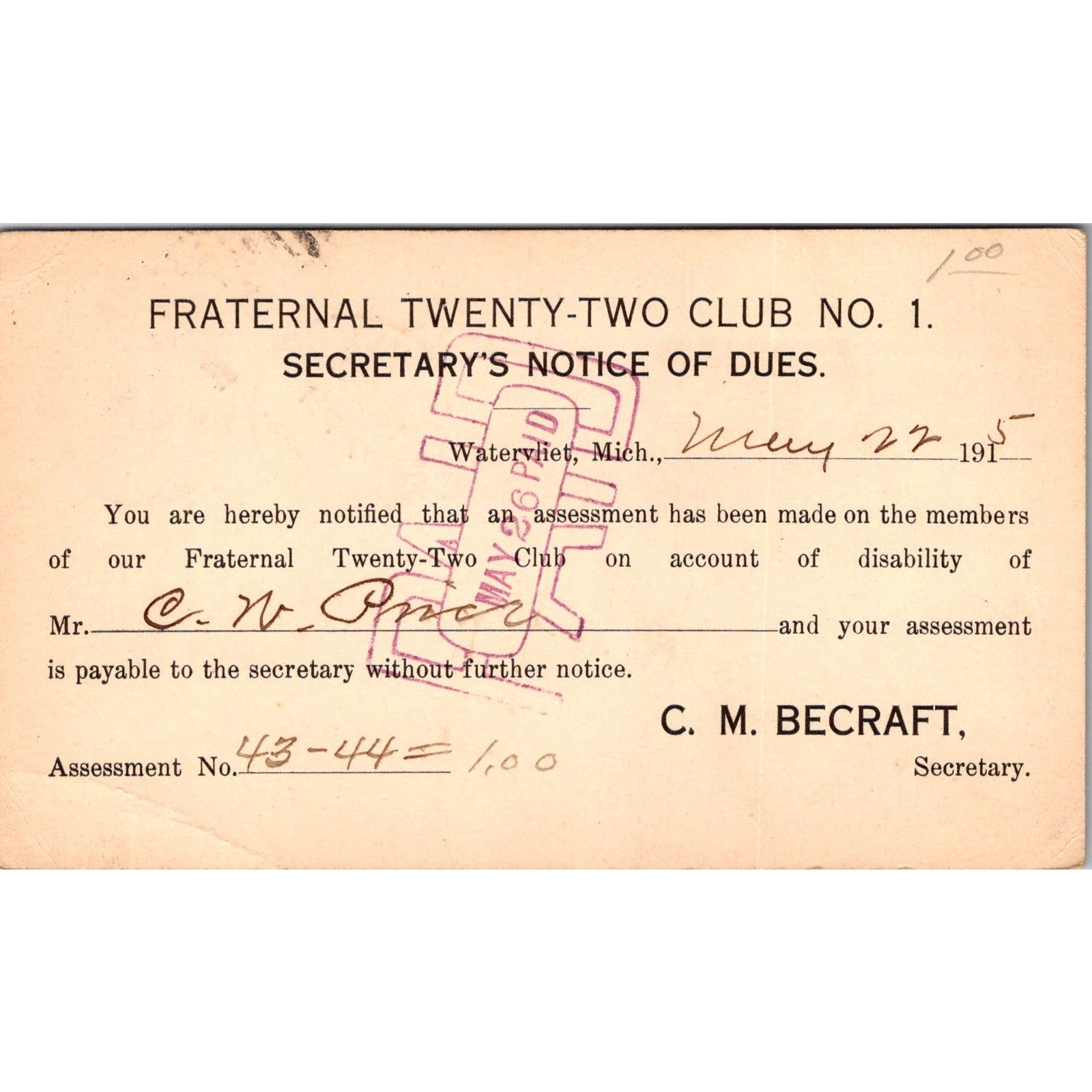 Fraternal Twenty-Two Club No. 1 C. M. Becraft 1915 Vintage Postcard SP6-2 Fraternal Twenty-Two Club No. 1 C. M. Becraft 1915 Vintage Postcard SP6-2