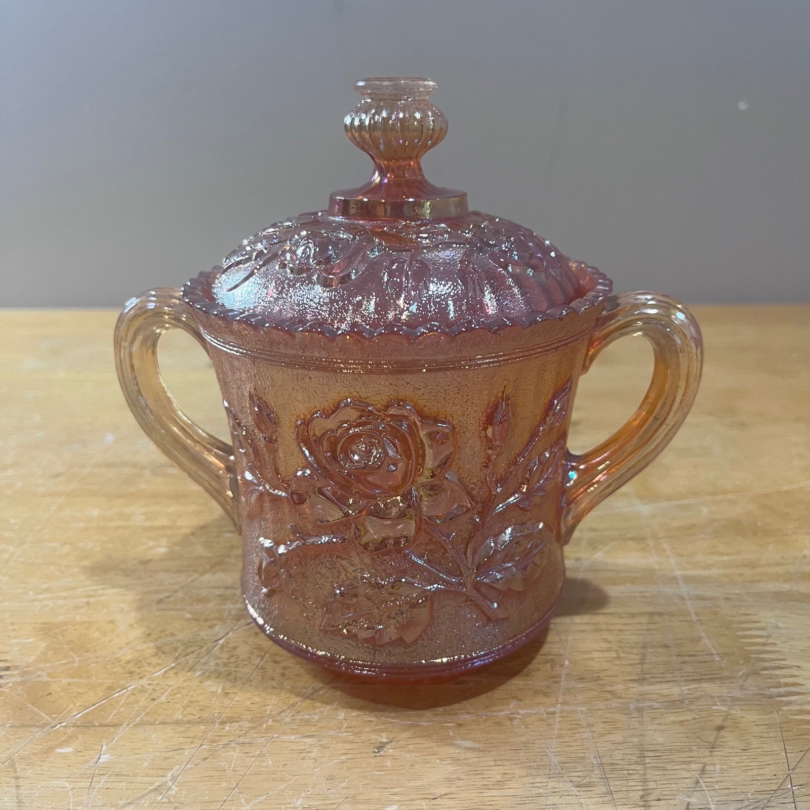 Vtg Imperial Glass Lustre Rose Marigold Carnival Glass Lidded Sugar Bowl Deco Vtg Imperial Glass Lustre Rose Marigold Carnival Glass Lidded Sugar Bowl Deco