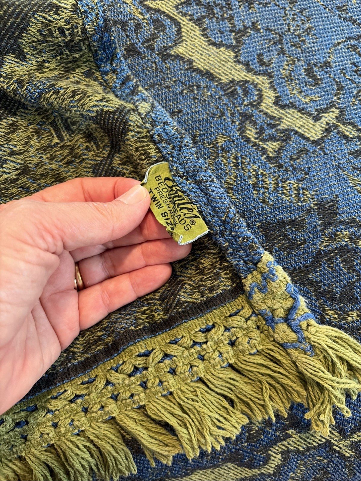 Vtg Bates MCM Blue Green Jacquard Heavy Cotton Bedspread TWIN Fabulous 1 of 2 Vtg Bates MCM Blue Green Jacquard Heavy Cotton Bedspread TWIN Fabulous 1 of 2