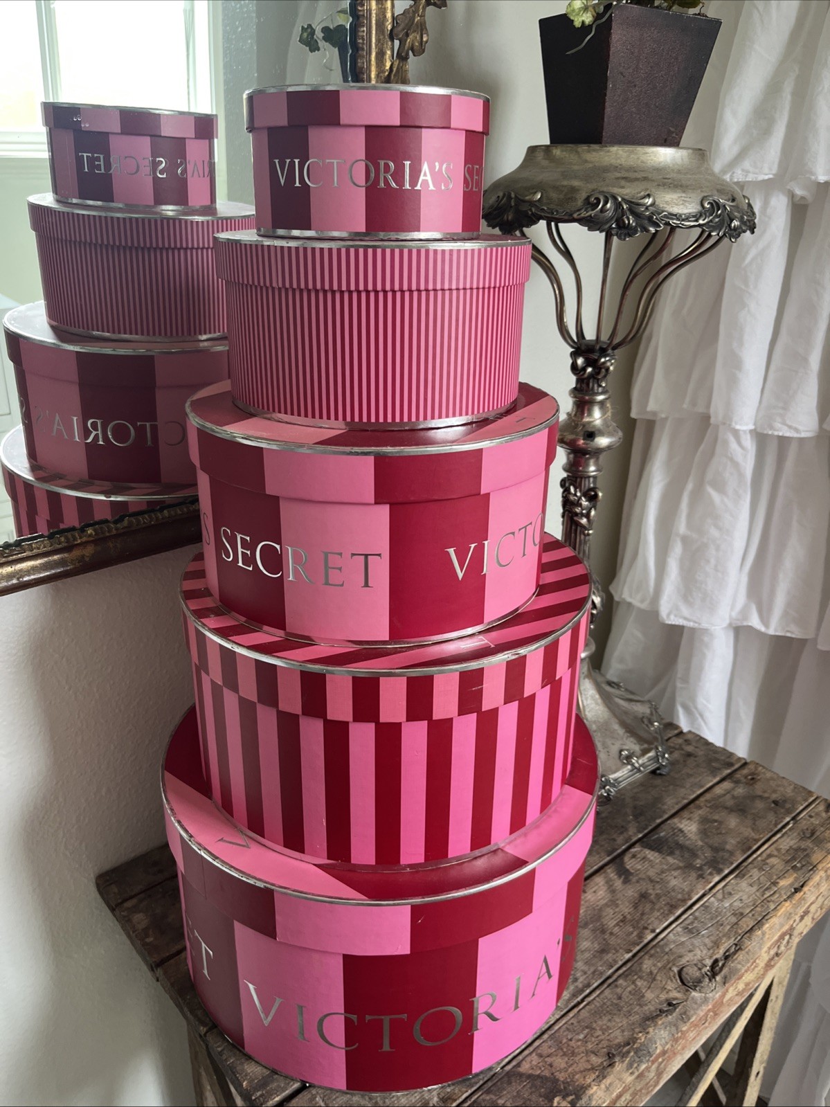 HUGE Victoria's Secret VINTAGE Red Pink Striped Collectible Display Hat Box Set HUGE Victoria's Secret VINTAGE Red Pink Striped Collectible Display Hat Box Set