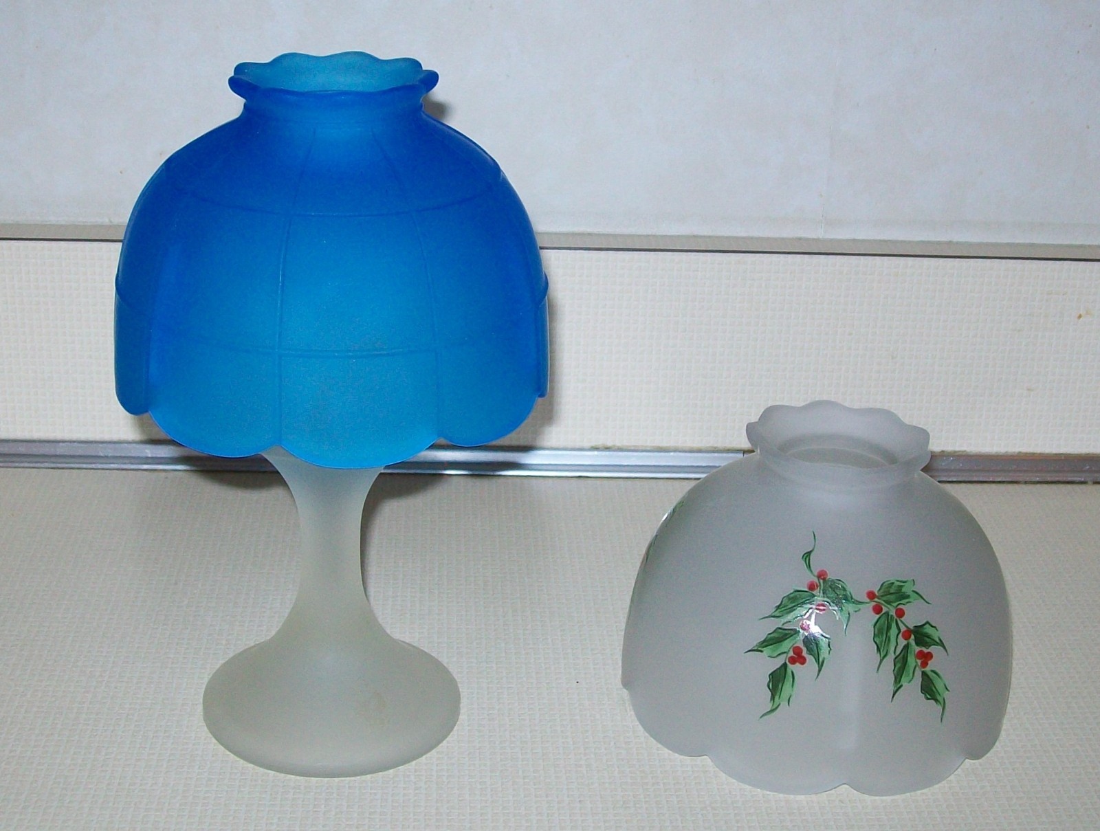 Vtg Westmoreland Glass Fairy Candle Lamp 2 Shades Holly Berry & Blue Satin Base Vtg Westmoreland Glass Fairy Candle Lamp 2 Shades Holly Berry & Blue Satin Base