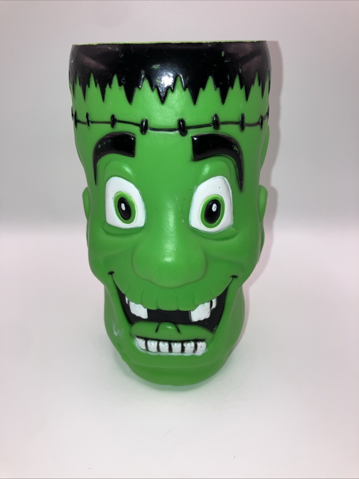 Vintage Smiling Frankenstein Green Plastic Blow Mold Halloween Cup Or Vase Decor
