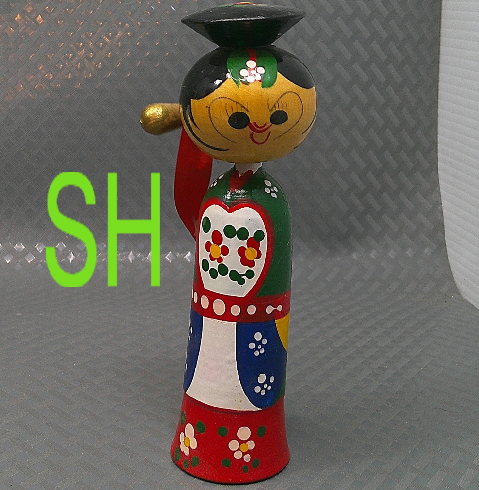 Vintage Korean Souvenir Doll Folk Art Hand Painted Wood Bobble Head 6\