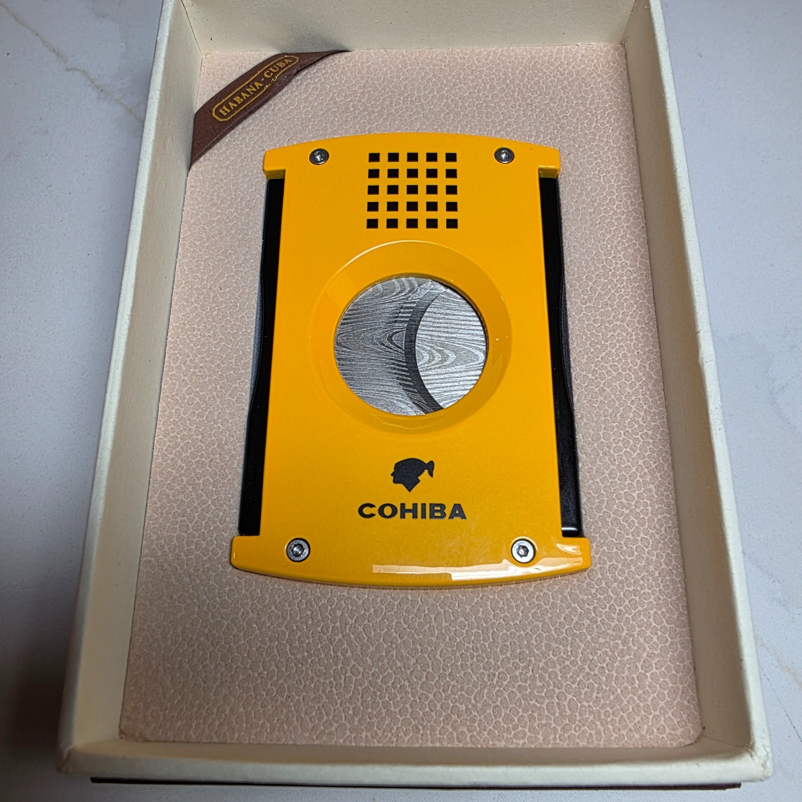 Cohiba Cigar Cutter Guillotine Style in Cohiba Colors of Yellow and Black