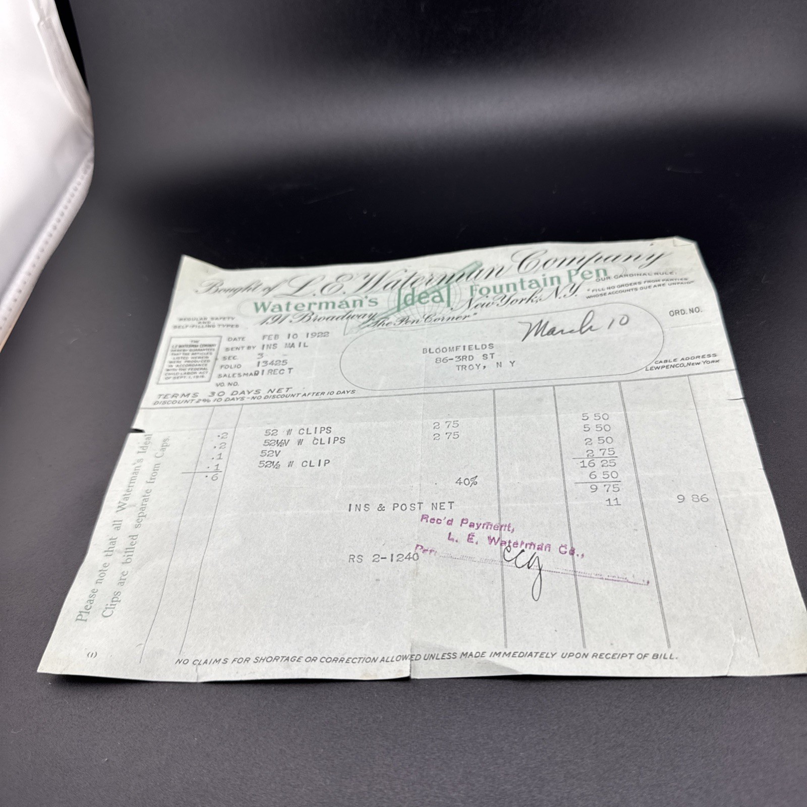 1922 L E Waterman Co. Fountain Pen New York 💥ORGINAL Receipt 📦