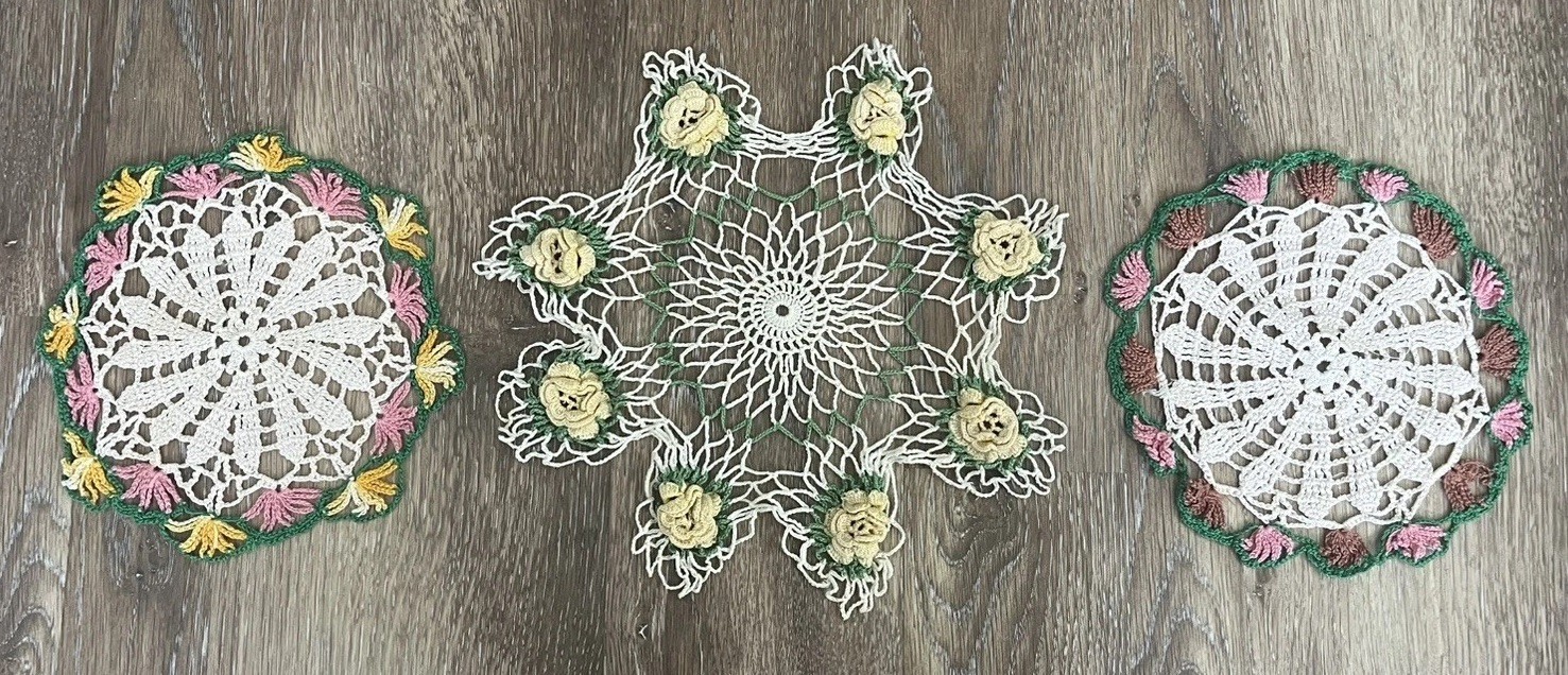3 VTG Hand Knit Crocheted Doilies Pastel Pink Yellow Green Roses Cottagecore