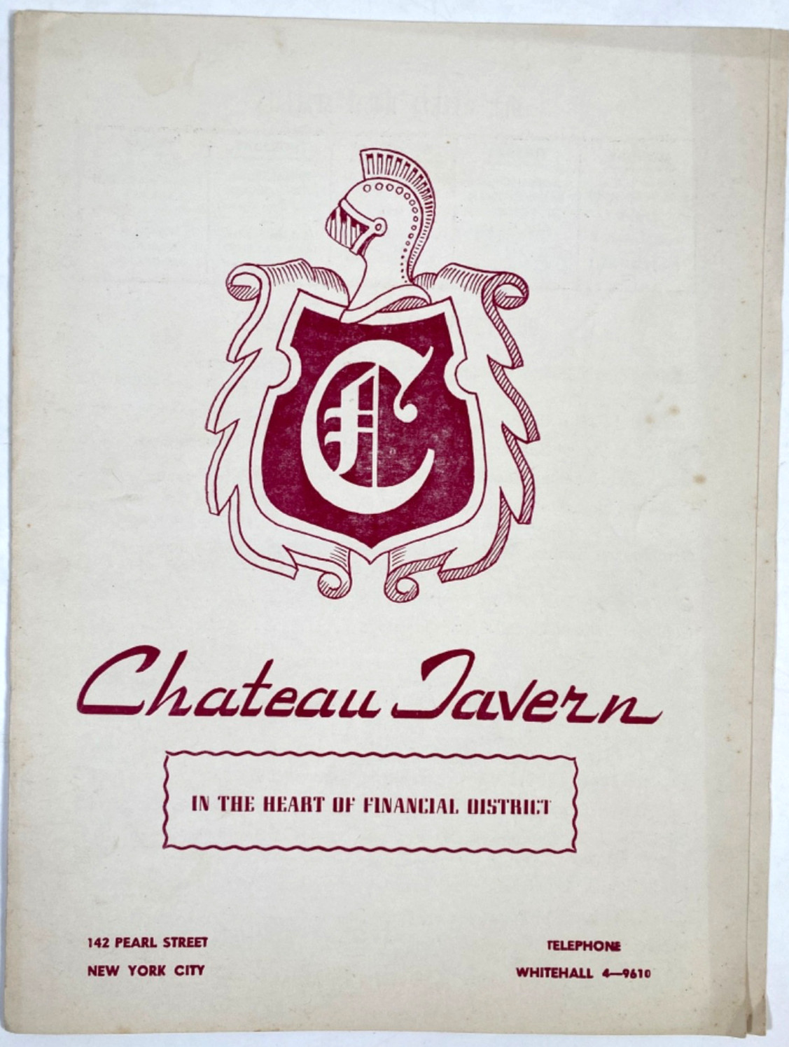 1959 CHATEAU TAVERN vtg restaurant dinner menu NEW YORK CITY Financial District
