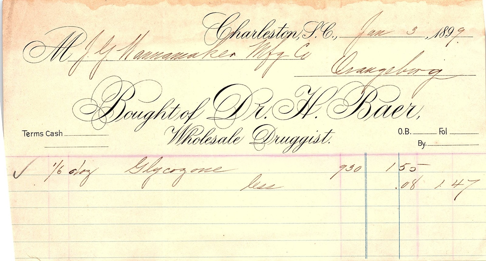 1899 Charleston SC Dr. H. Baer Wholesale Druggist billhead