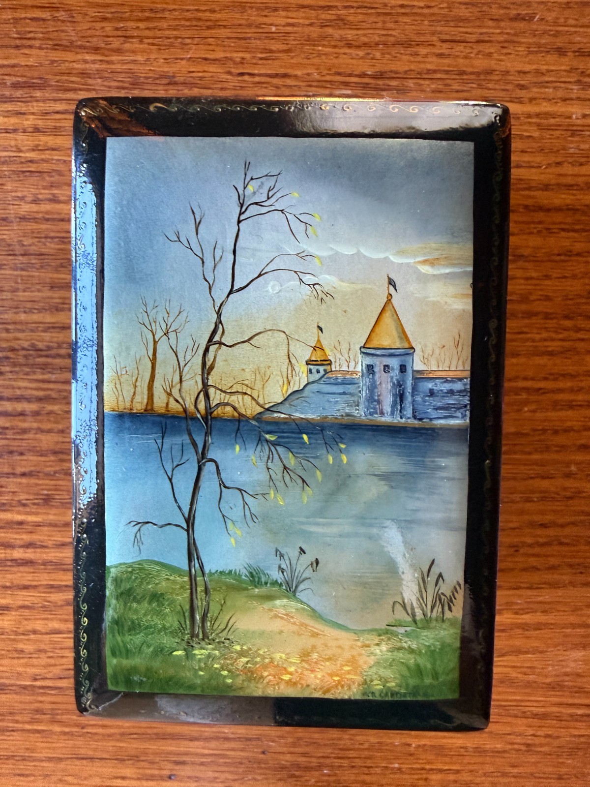 VTG Russian Black Lacquer Trinket Box - Tranquil Scene 3\