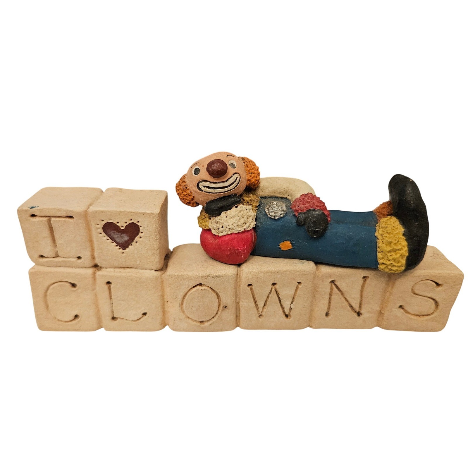 Gail Laura Vintage Folk Art Pottery Signed I Love Clowns Figurine Blocks 1991