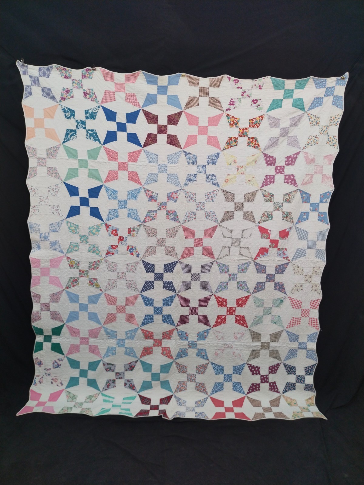Vintage Handmade Patchwork Quilt Antique Feed Sack Scrappy Star Country Bedspred