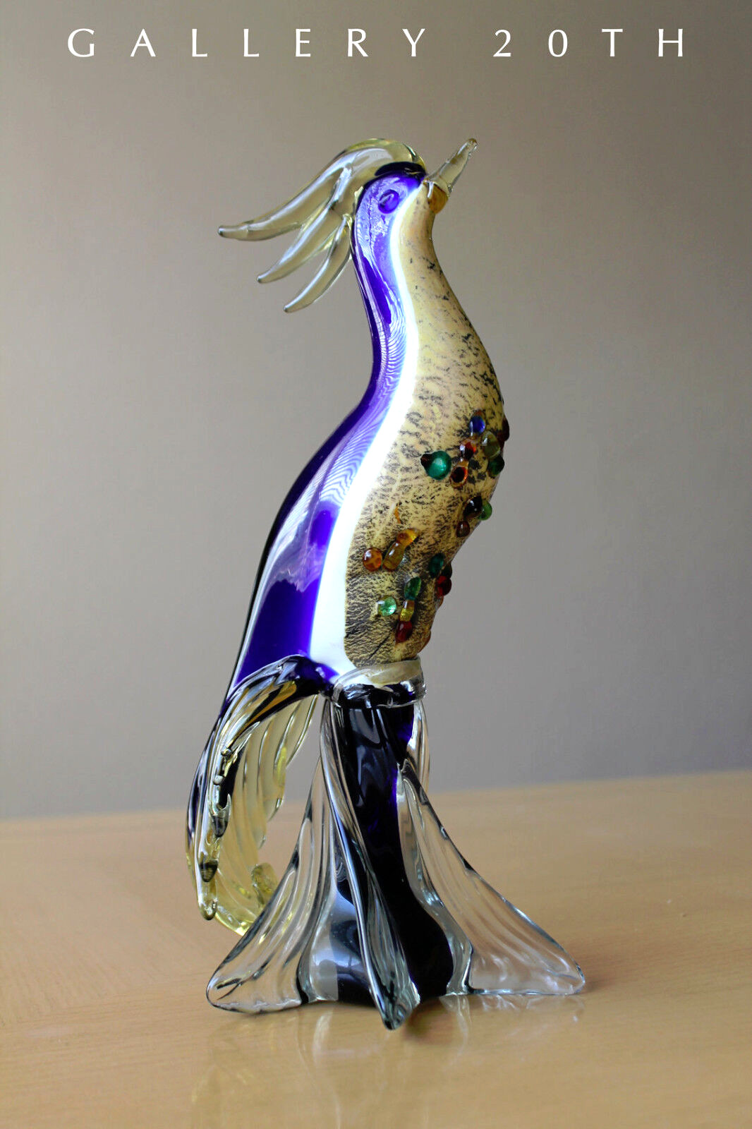 SUPERB MID CENTURY MURANO BIRD OF PARADISE SCULPTURE VTG BLOWN GLASS 50'S BOHO