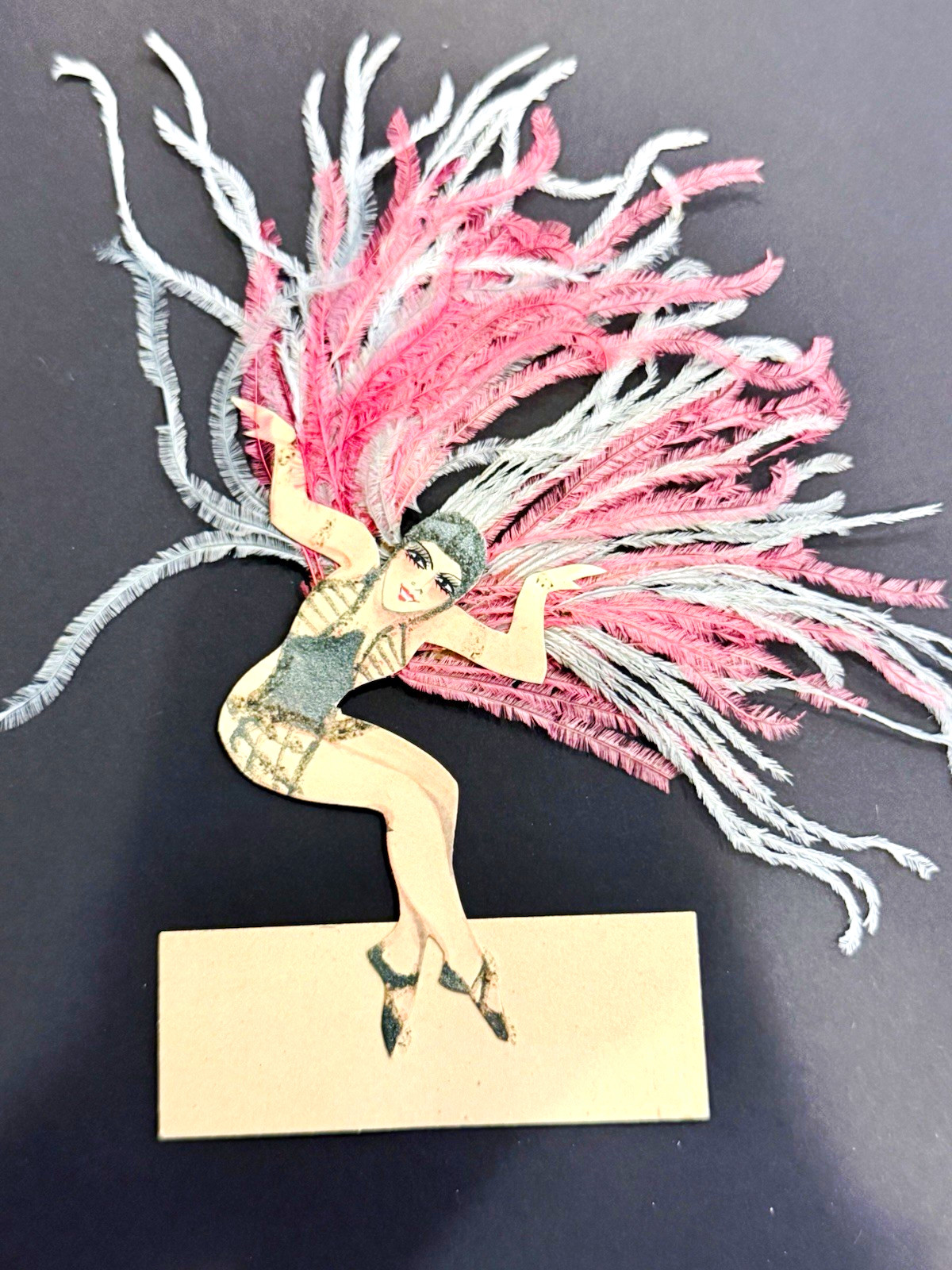 Antique Art Deco Feathered Showgirl Table Decoration Place Card 6.5” Original Os Antique Art Deco Feathered Showgirl Table Decoration Place Card 6.5” Original Os