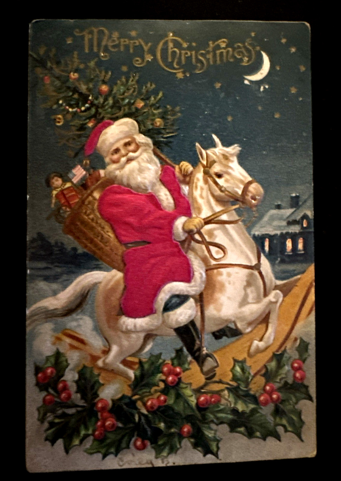 SILK~Santa Claus on Horse w. Toys~USA Flag~Patriotic 1907~Christmas Postcard~r25