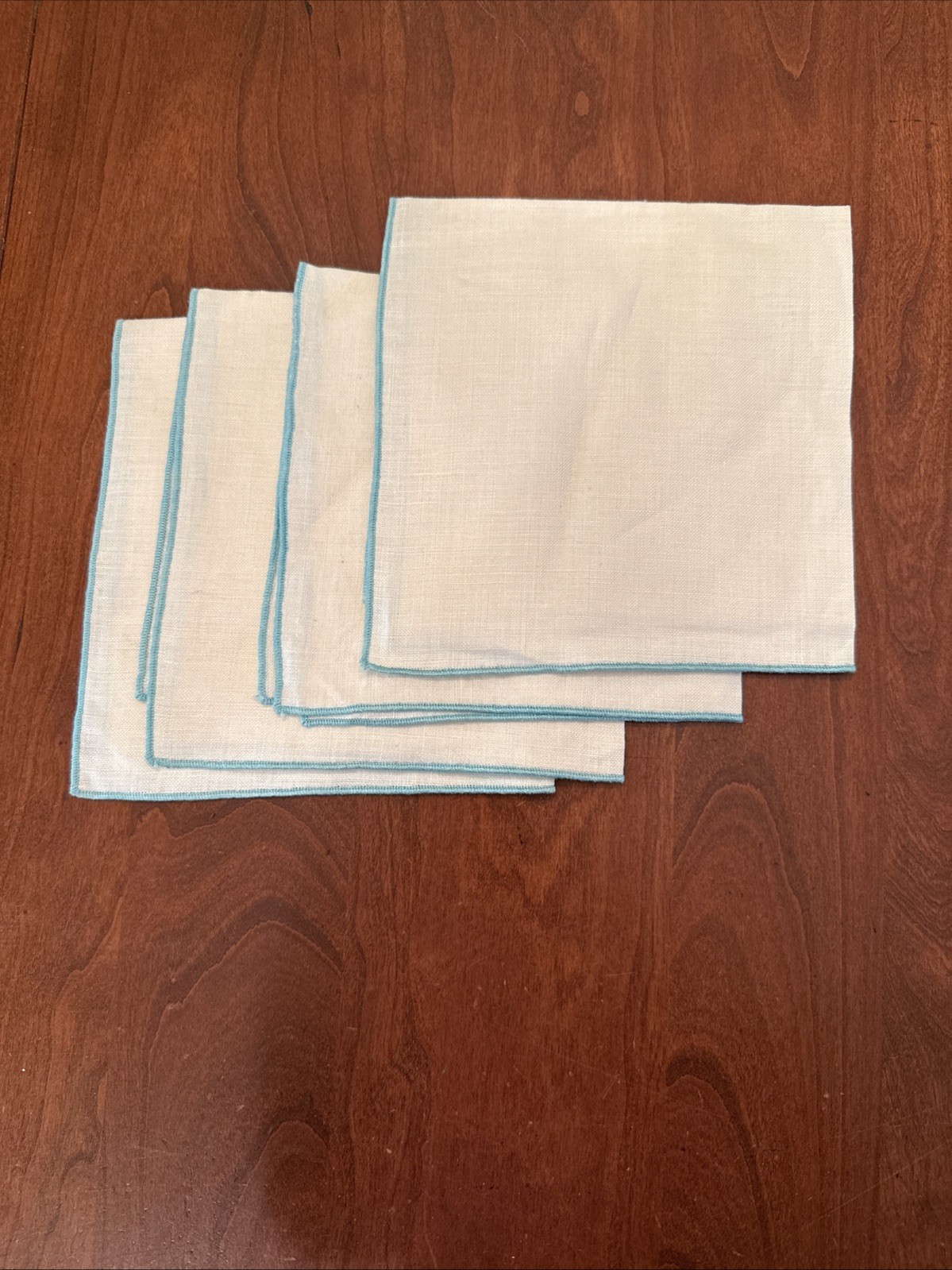Vtg Linen W/ Turquoise Trim Cloth Dinner Napkins Table Decor 4 pcs