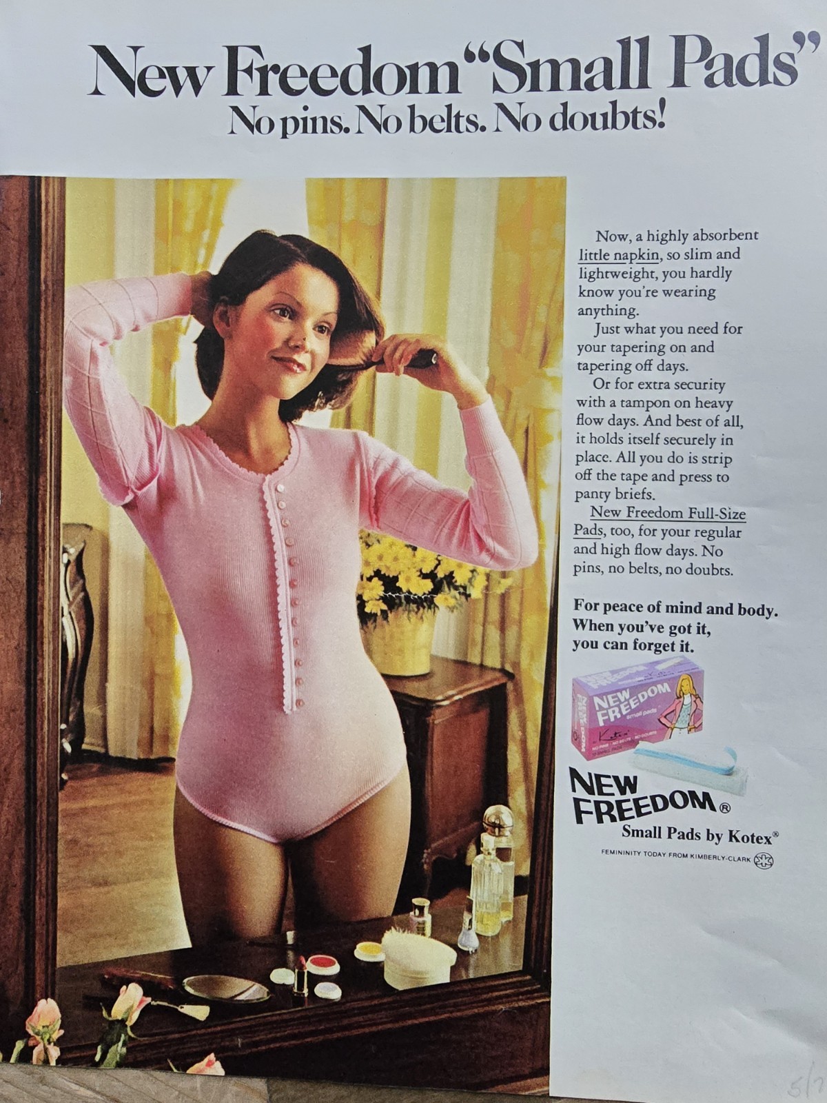 1974 Kotex New Freedom Sanitary Pads girl pink bodysuit vintage Ad