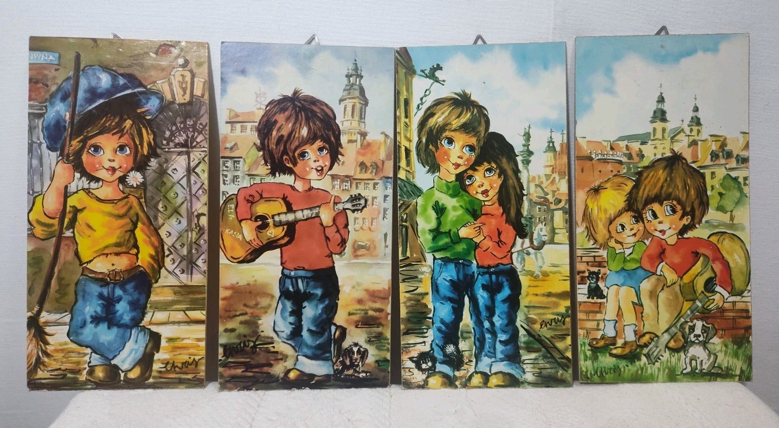 Vtg 1970s Big Eye Children Wood Plaques Set of 4 Krisarts Michel Thomas Style