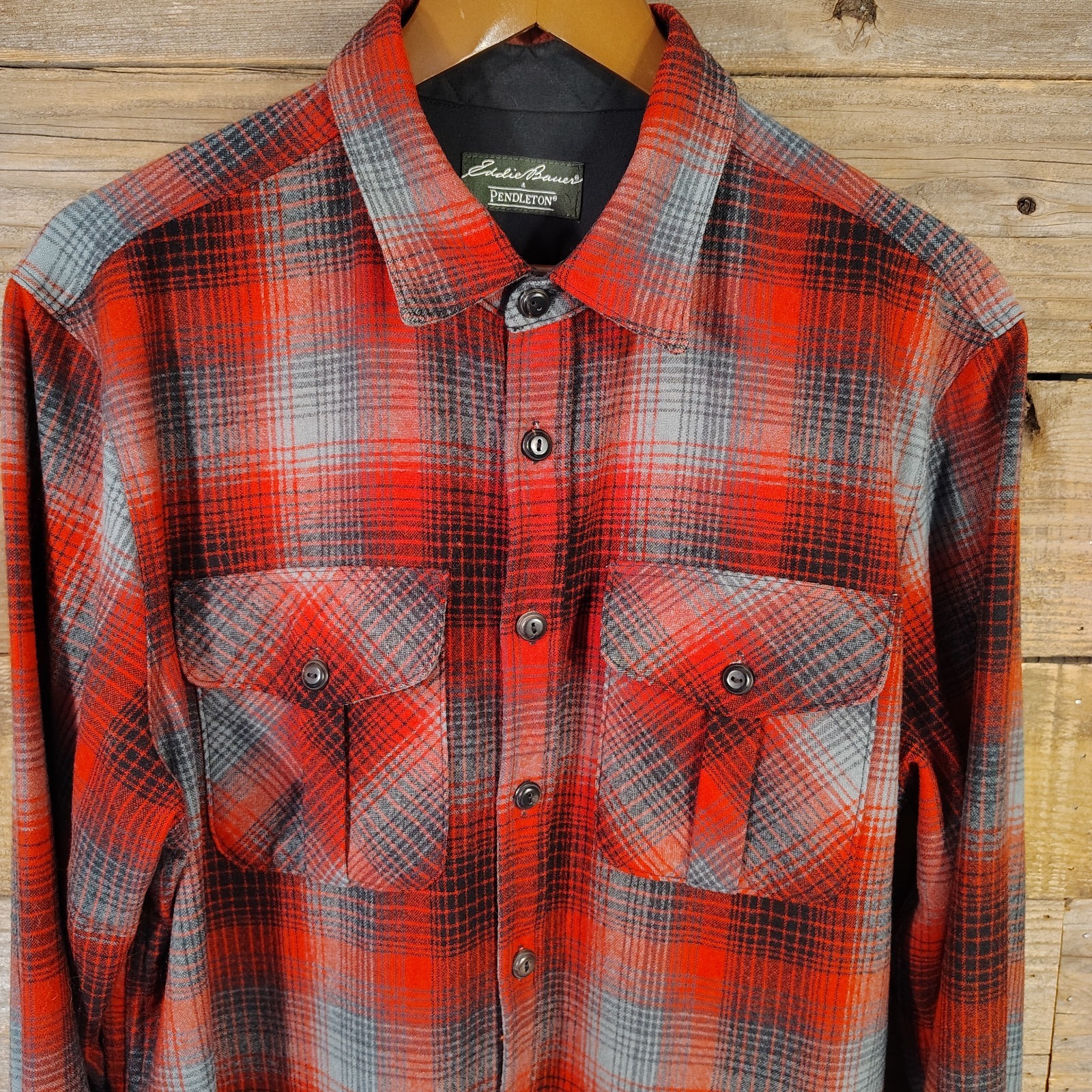 Vintage Eddie Bauer Pendleton Button Up Shirt Red Black Grey Men's Size Large L Vintage Eddie Bauer Pendleton Button Up Shirt Red Black Grey Men's Size Large L