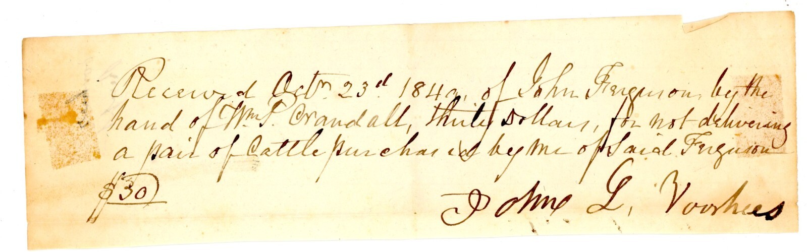 1849 Handwritten receipt John L Voorhees Deliver Sale Cattle WM P Crandall 1849 Handwritten receipt John L Voorhees Deliver Sale Cattle WM P Crandall