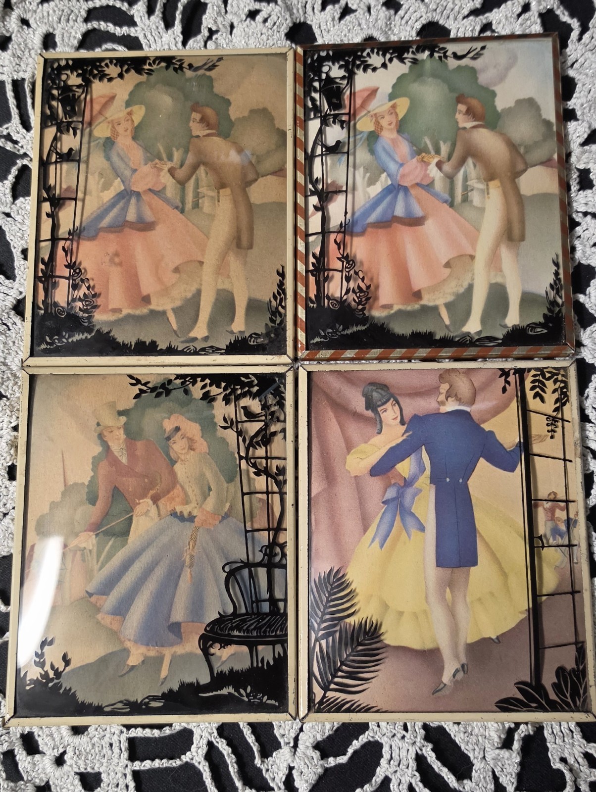 VTG Reverse Painted Convex Bubble Glass Silhouette Courting Pairs Set of 4