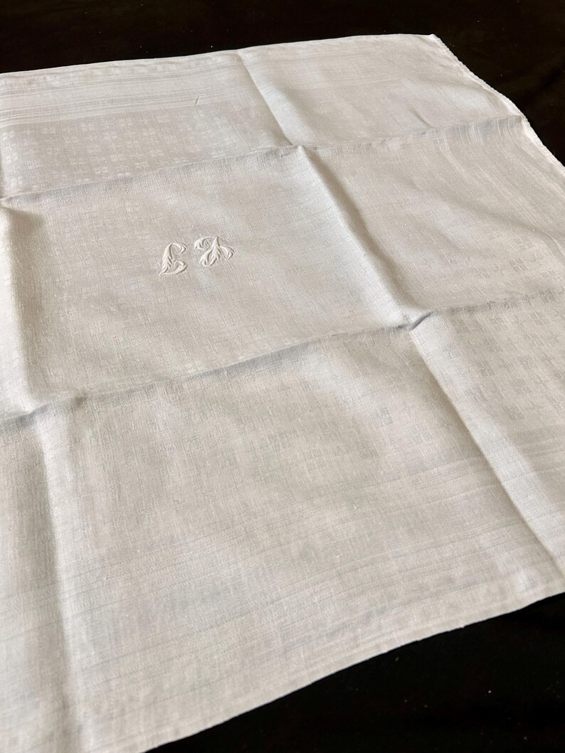 12 Vintage French Damask Napkins of Fine Quality with Hand Embroidered Monogram