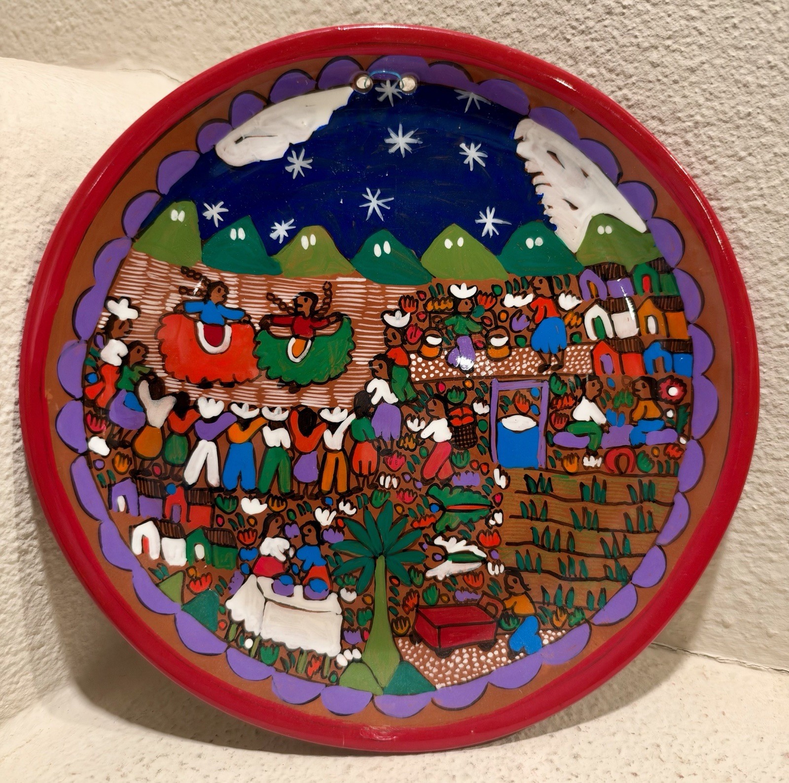 Vintage Mexican Folk Art Terracotta Plate 9.5\
