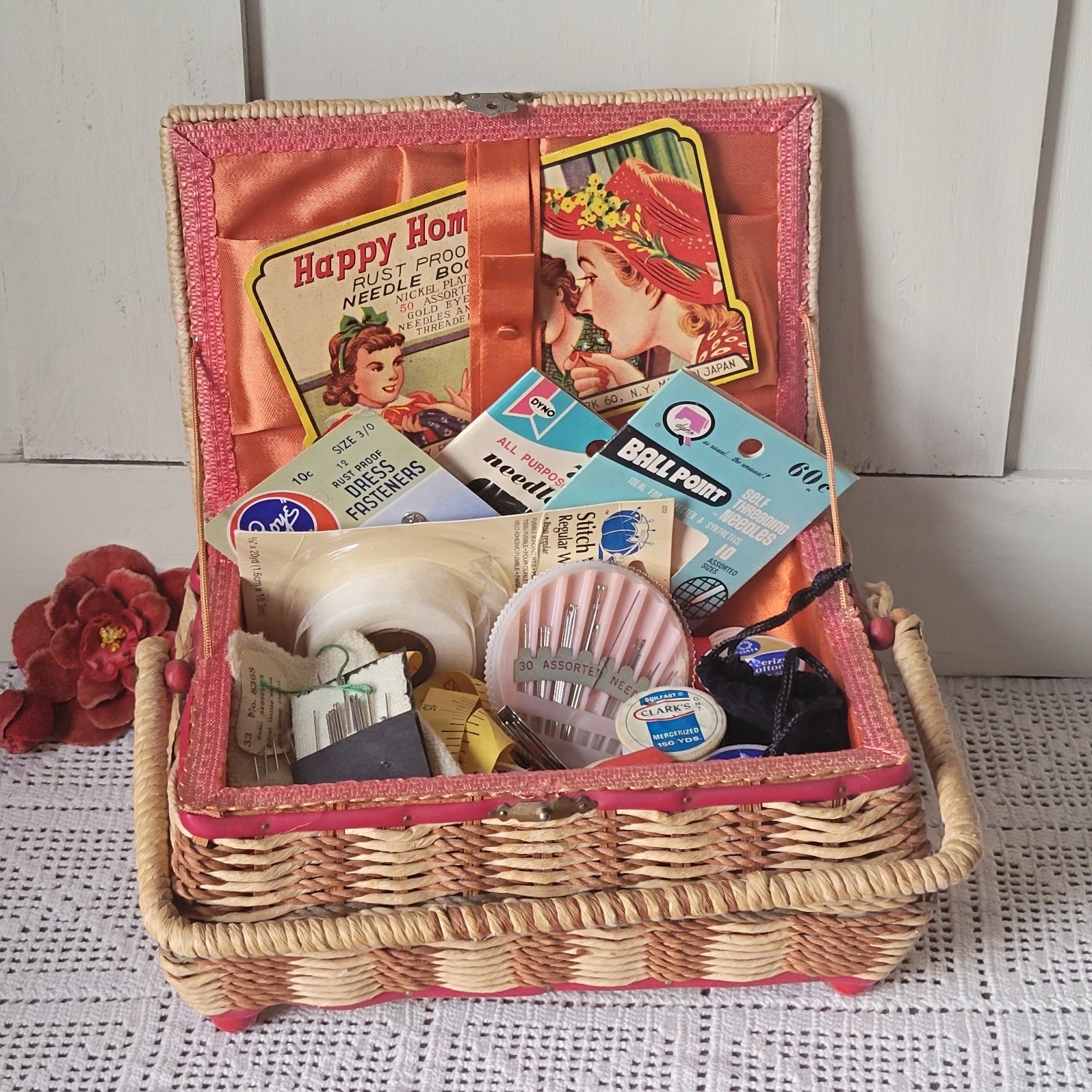Vtg Red & Tan Wicker Sewing Basket Needle Book Thread Spools and Notions Lot