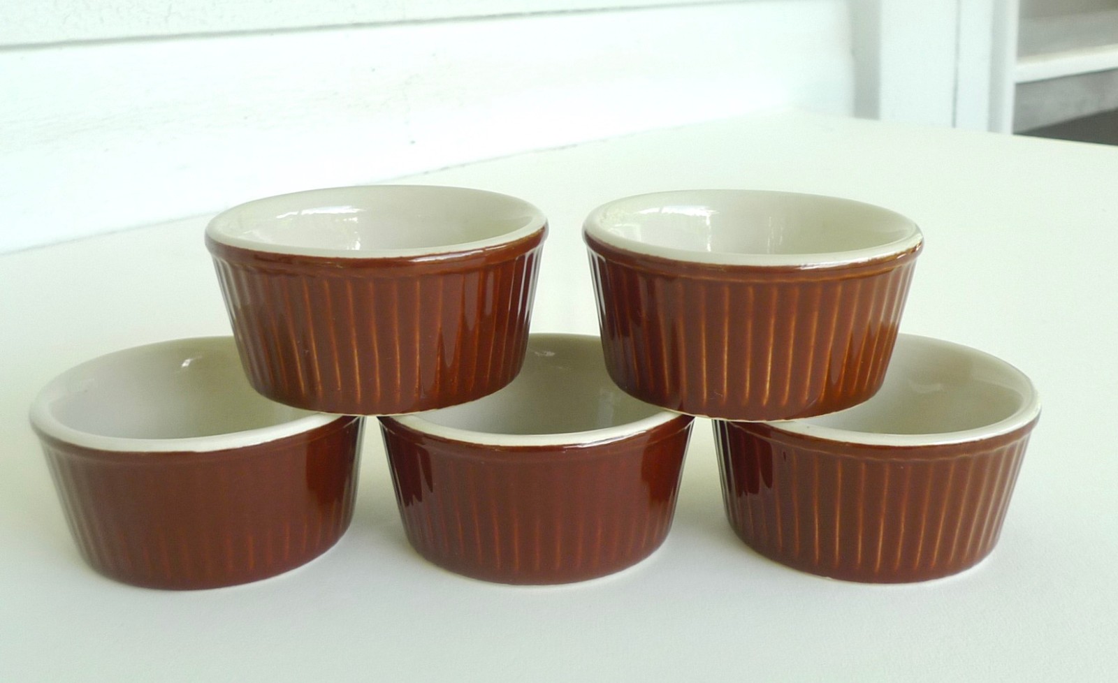 Lot set 5 vintage #834 Hall China brown ribbed ramekin custard prep bowl oven sa Lot set 5 vintage #834 Hall China brown ribbed ramekin custard prep bowl oven sa