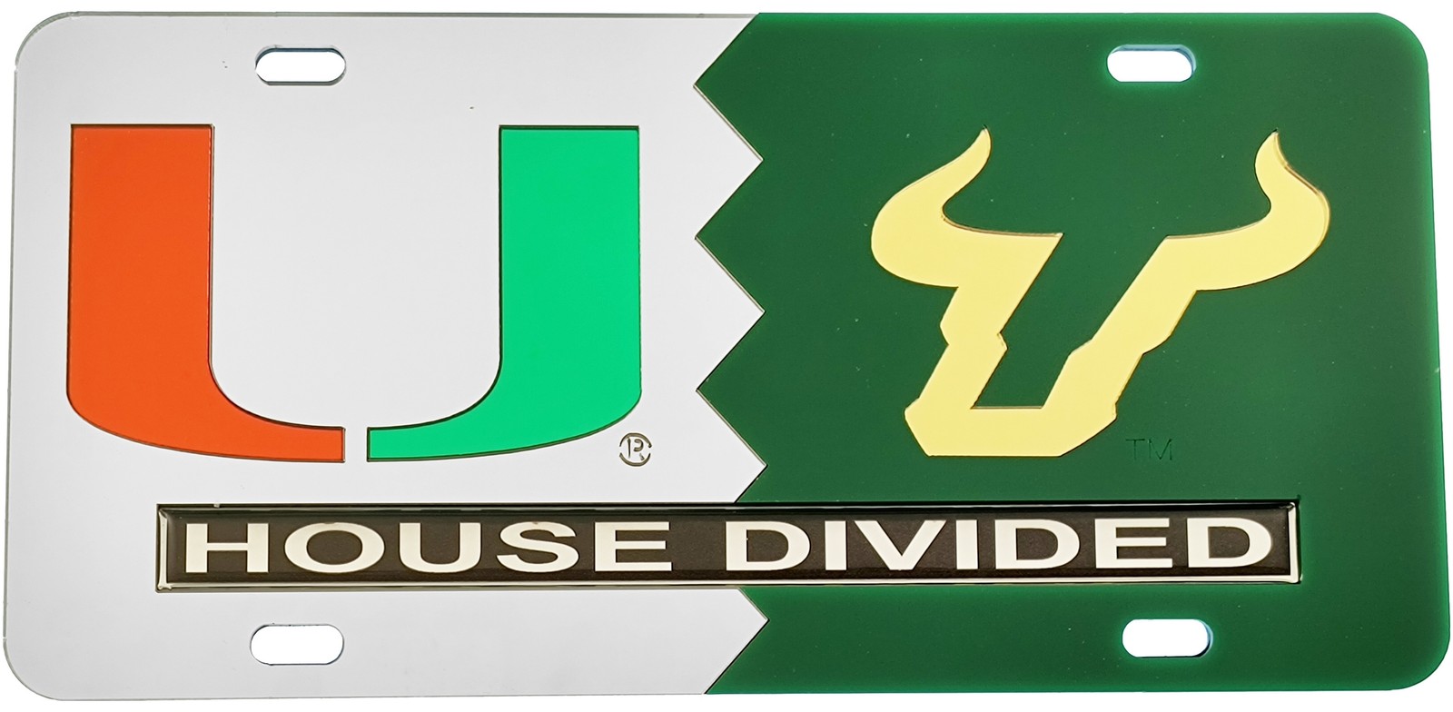 Miami + South Florida (USF) House Divided Split License Plate Tag [Silver/Gre...