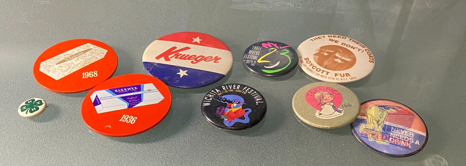 Vintage Lot of 9 Pin Back Buttons Krueger Kleenex 4H Boycott Fur Festivals etc.