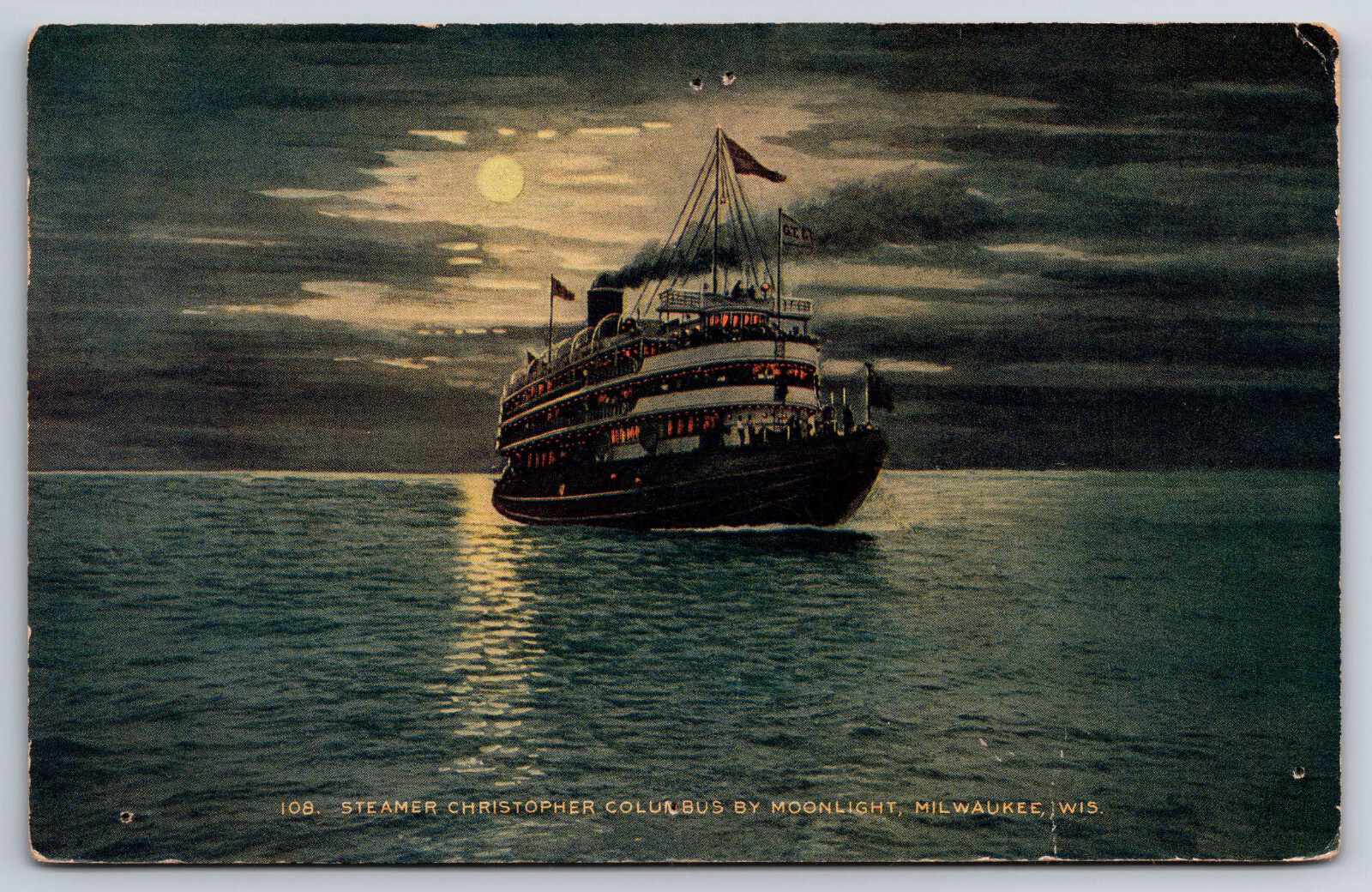 A759 Vtg Postcard Smoking Steamer Chrisopher Columbus Moonlight Water Moon WIS A759 Vtg Postcard Smoking Steamer Chrisopher Columbus Moonlight Water Moon WIS