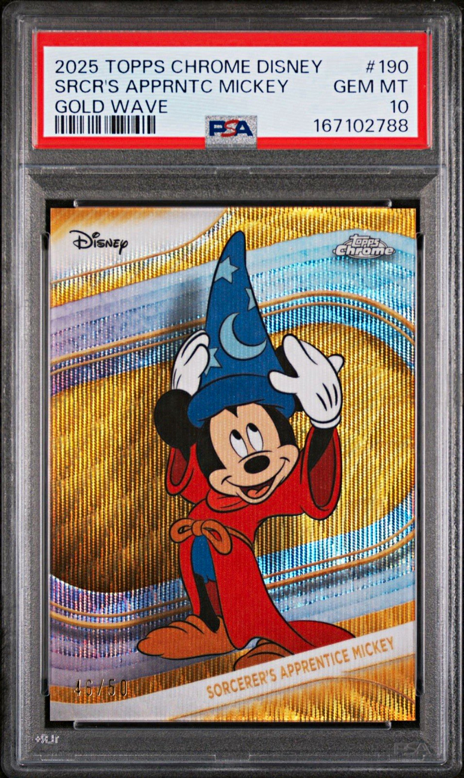 2025 Topps Chrome Disney #190 Sorcerer\'s Apprentice Mickey Gold Wave /50 PSA 10