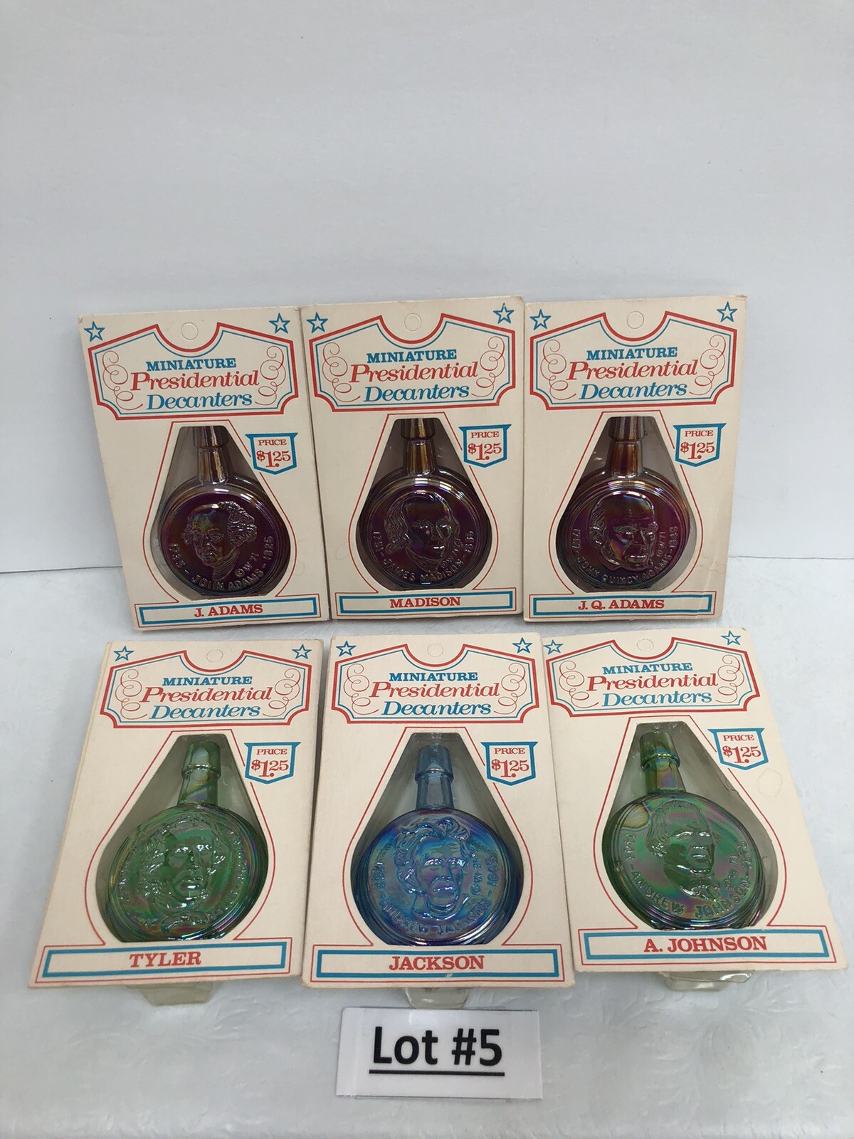 6 Vintage Lot # 5 Wheaton President Bottle Presidential Glass Flask in Cards 6 Vintage Lot # 5 Wheaton President Bottle Presidential Glass Flask in Cards
