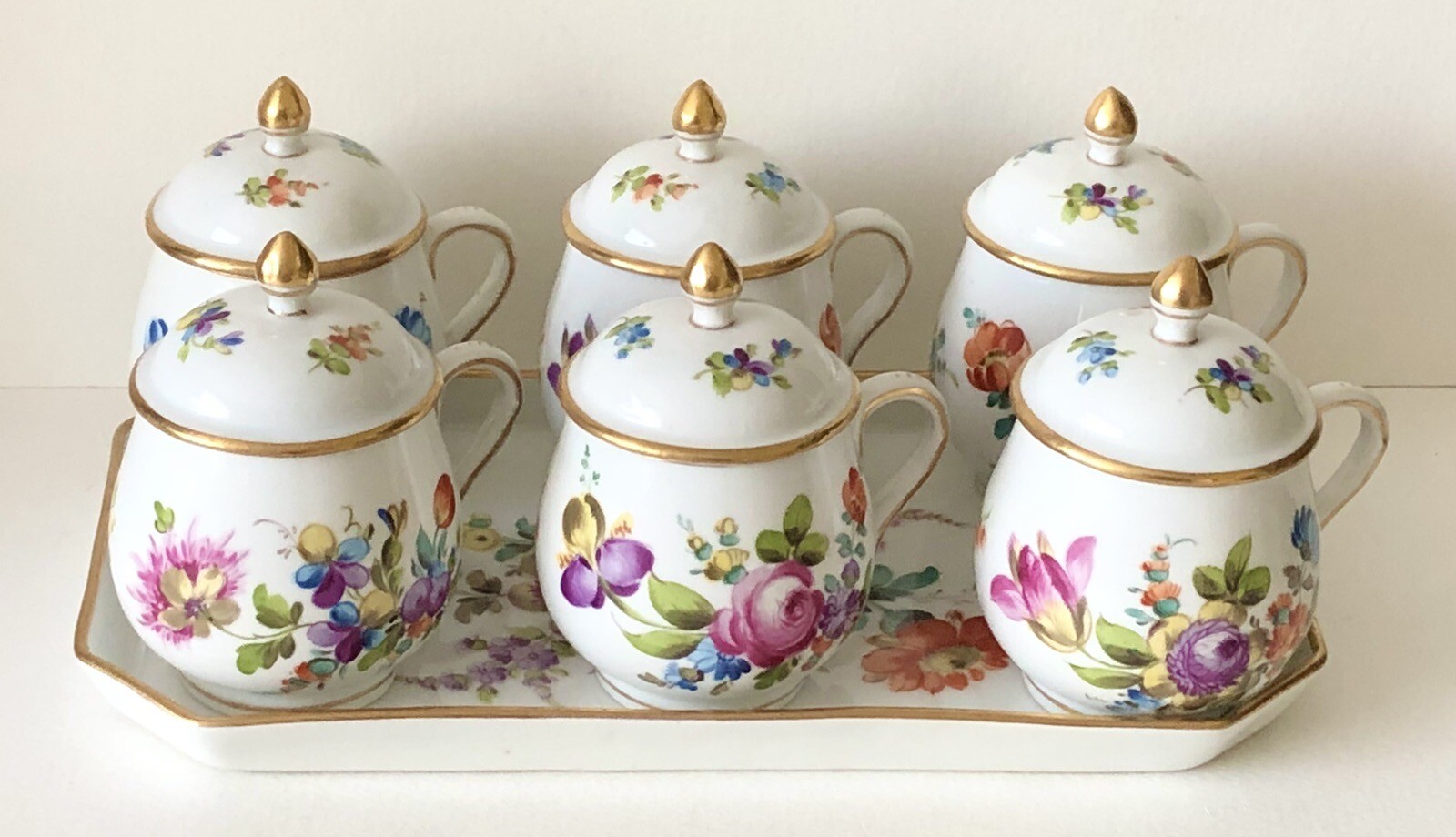 Antique German Porcelain Schumann Dresden Flowers Empress Pot De Creme Set Tray Antique German Porcelain Schumann Dresden Flowers Empress Pot De Creme Set Tray