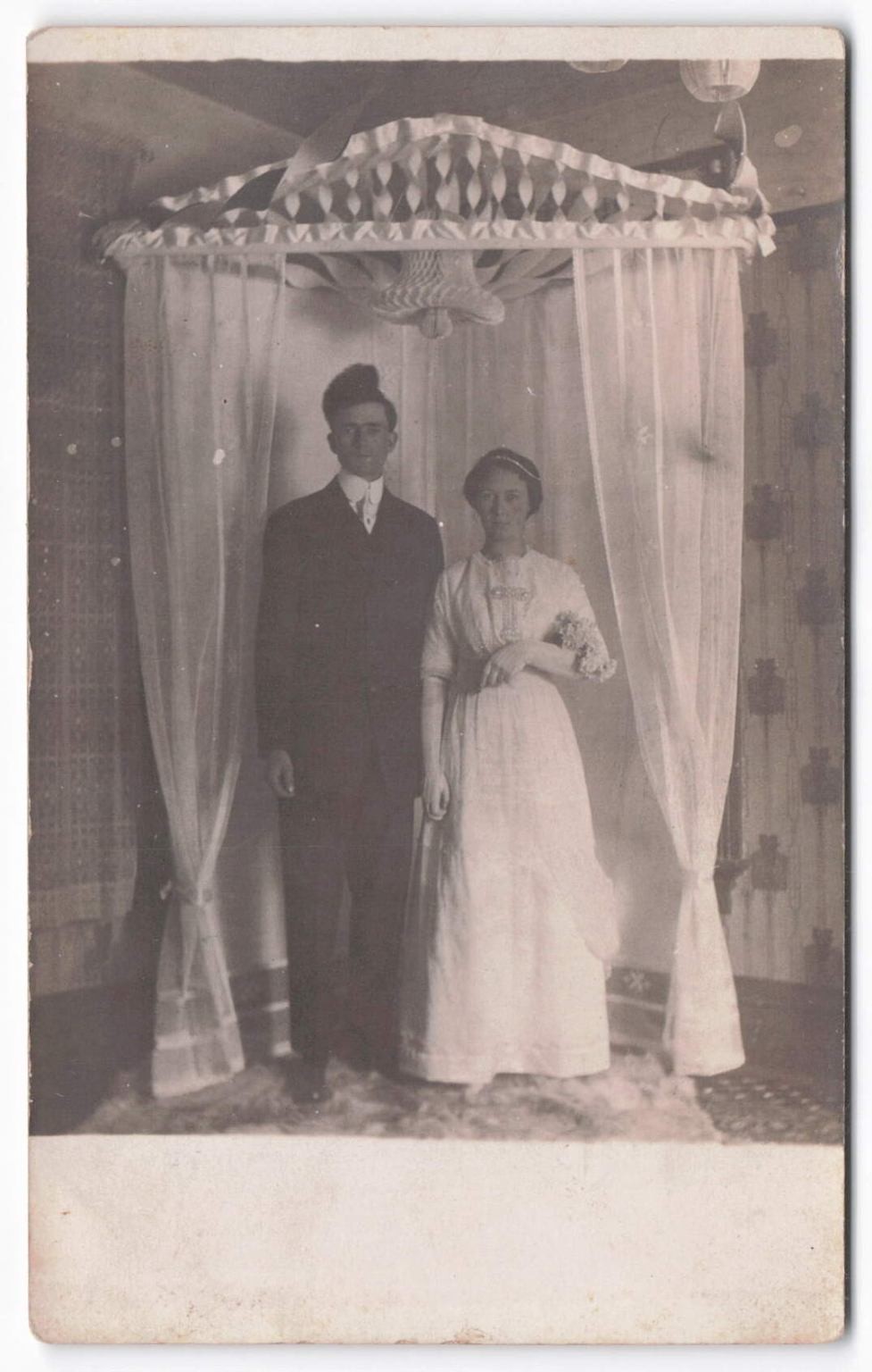 Vintage RPPC Wedding Portrait Epic Eraserhead Hair Postcard c1910s Young Couple