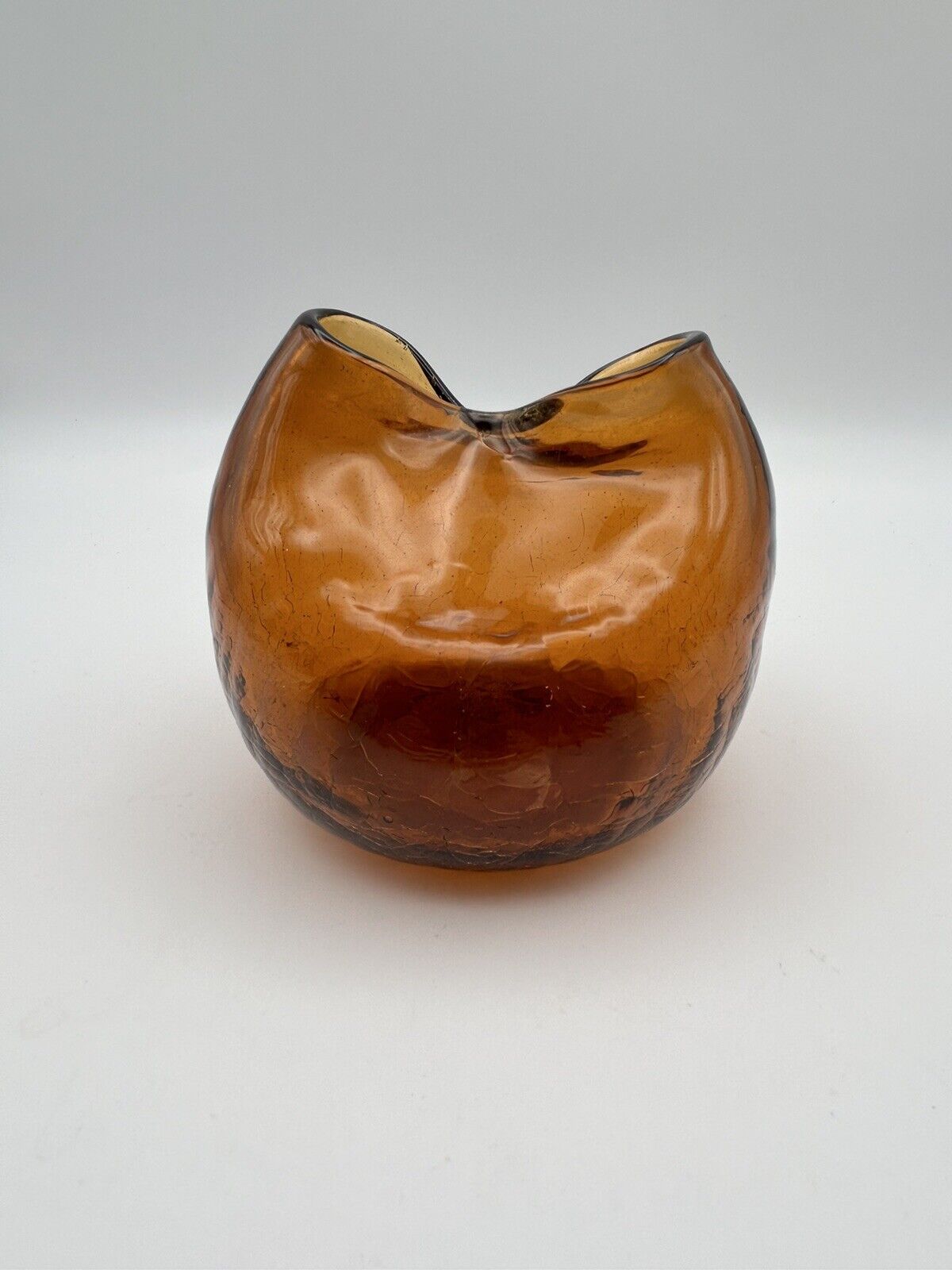 Blenko Amber Crackle Glass Pinch Topped Handblown Vase, MCM 4.25” *Read*